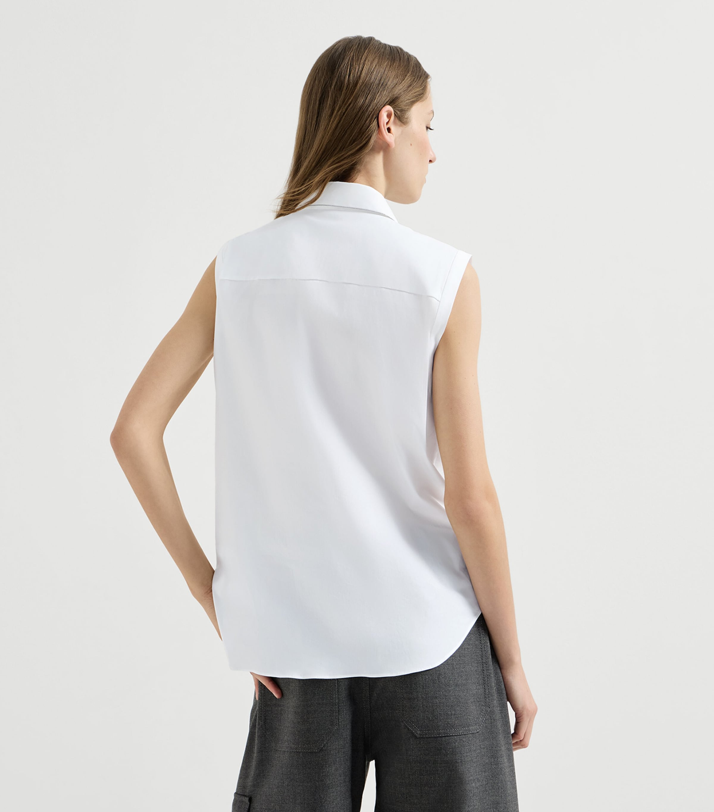 Brunello Cucinelli Womens Stretch-Cotton Poplin Sleeveless Shirt Image 5