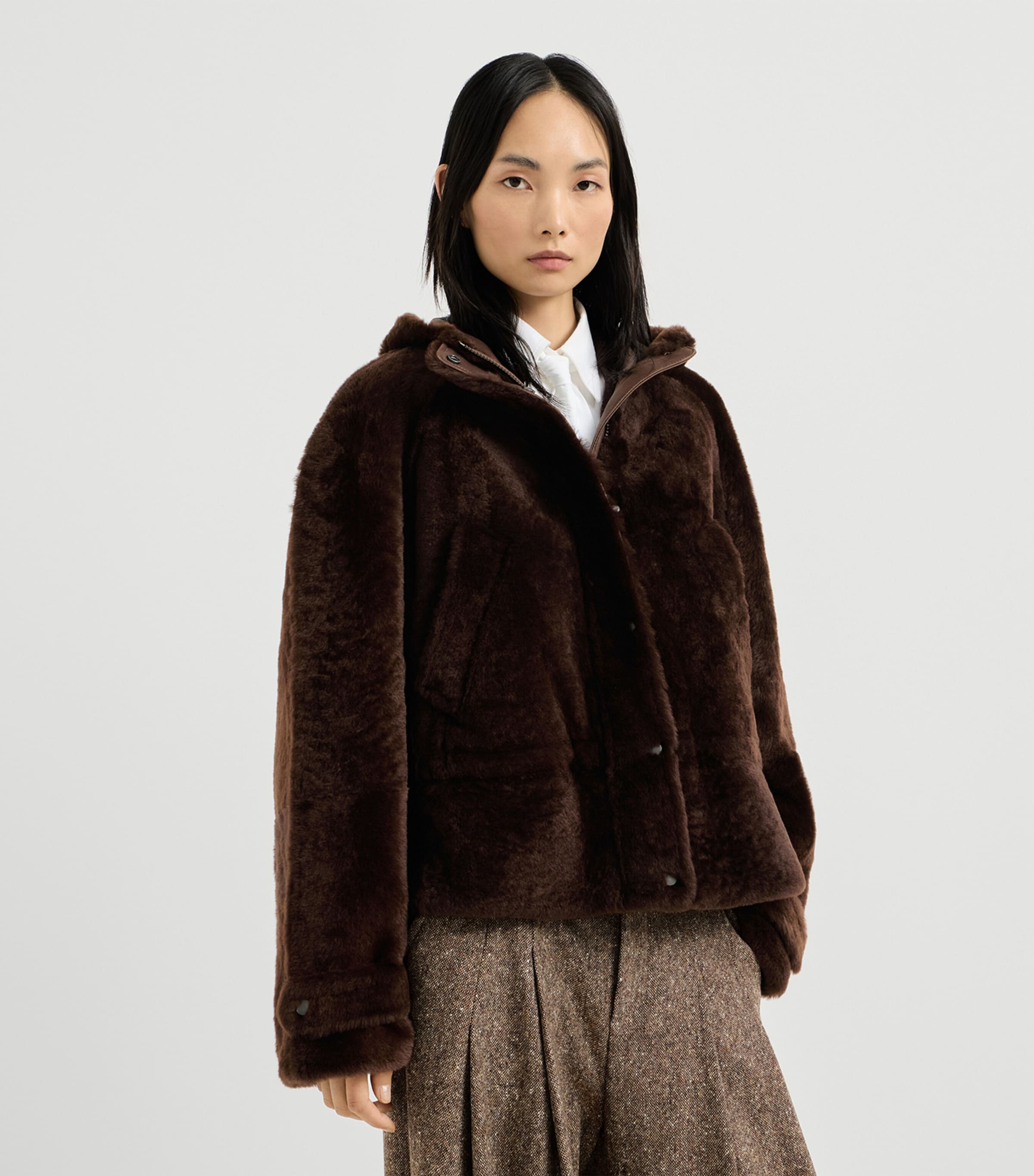 Brunello Cucinelli Womens Shearling Fur Jacket Gianduia Image 2