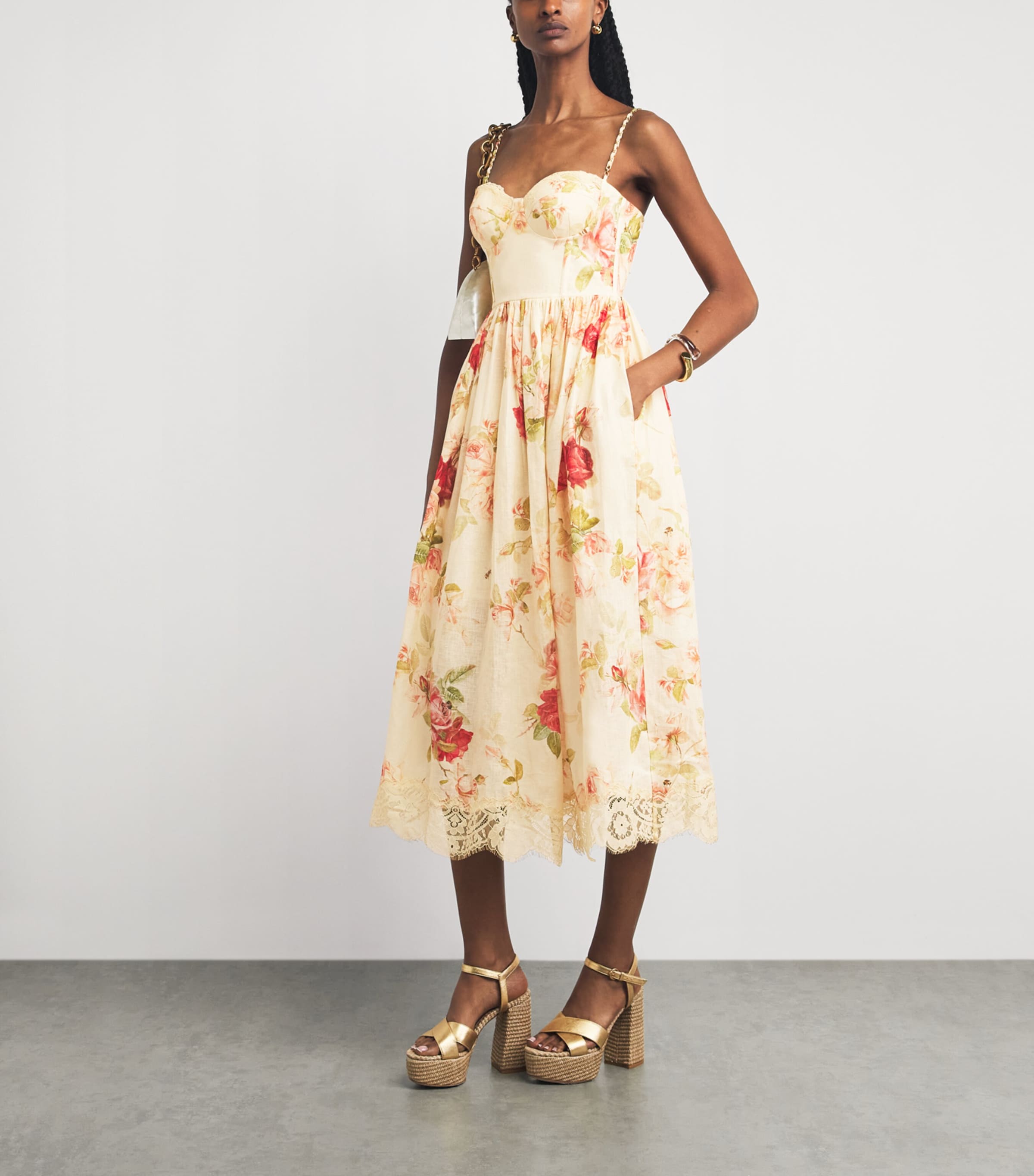 Zimmermann Womens Linen Floral Print Roselight Midi Dress Cmrf Cream Rose Flrl Image 2