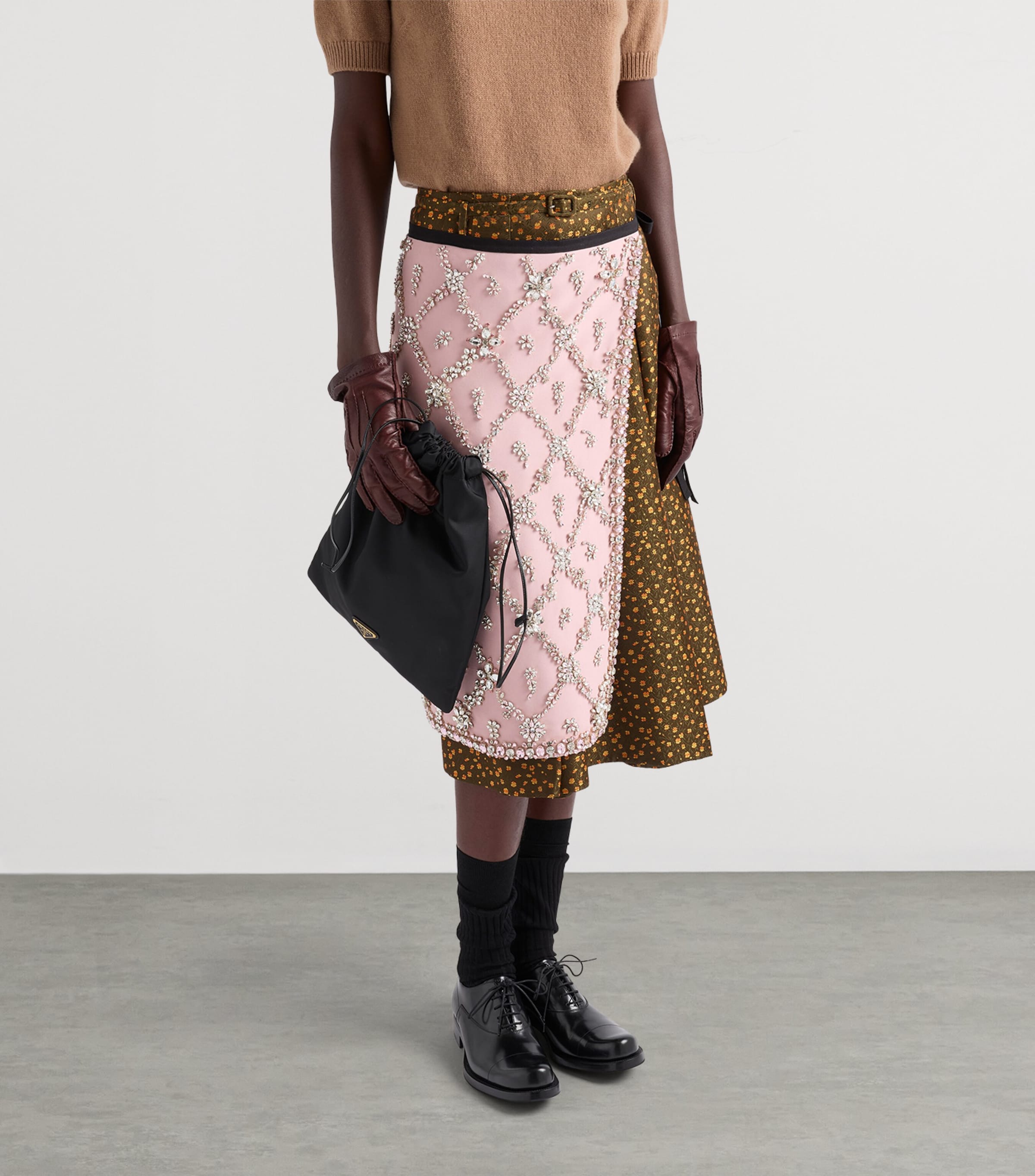 Prada Womens Floral Jacquard Pleated Midi Skirt Green Image 4