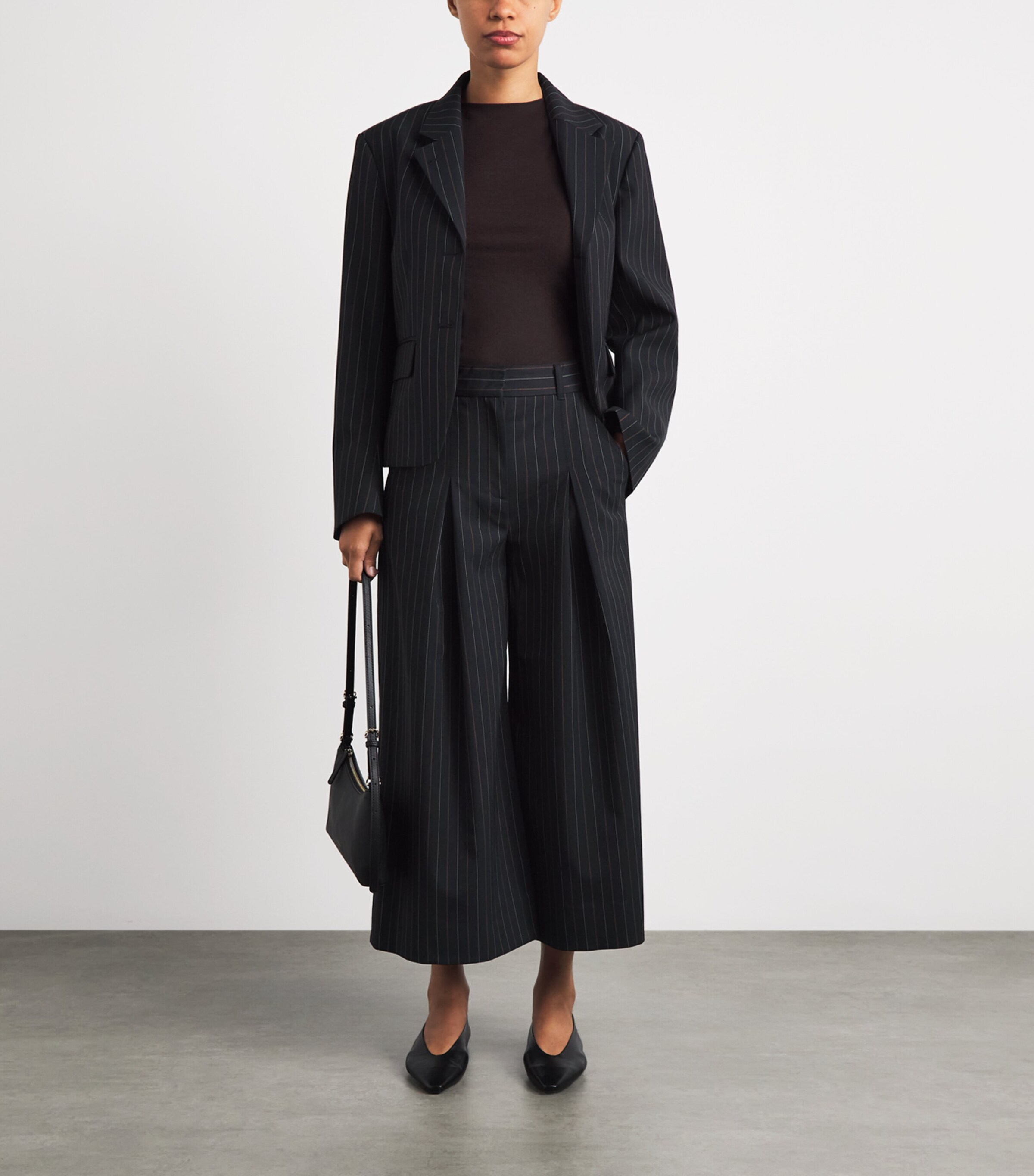 ME+EM Womens Pinstripe Cropped Wide-Leg Trousers Black Image 2