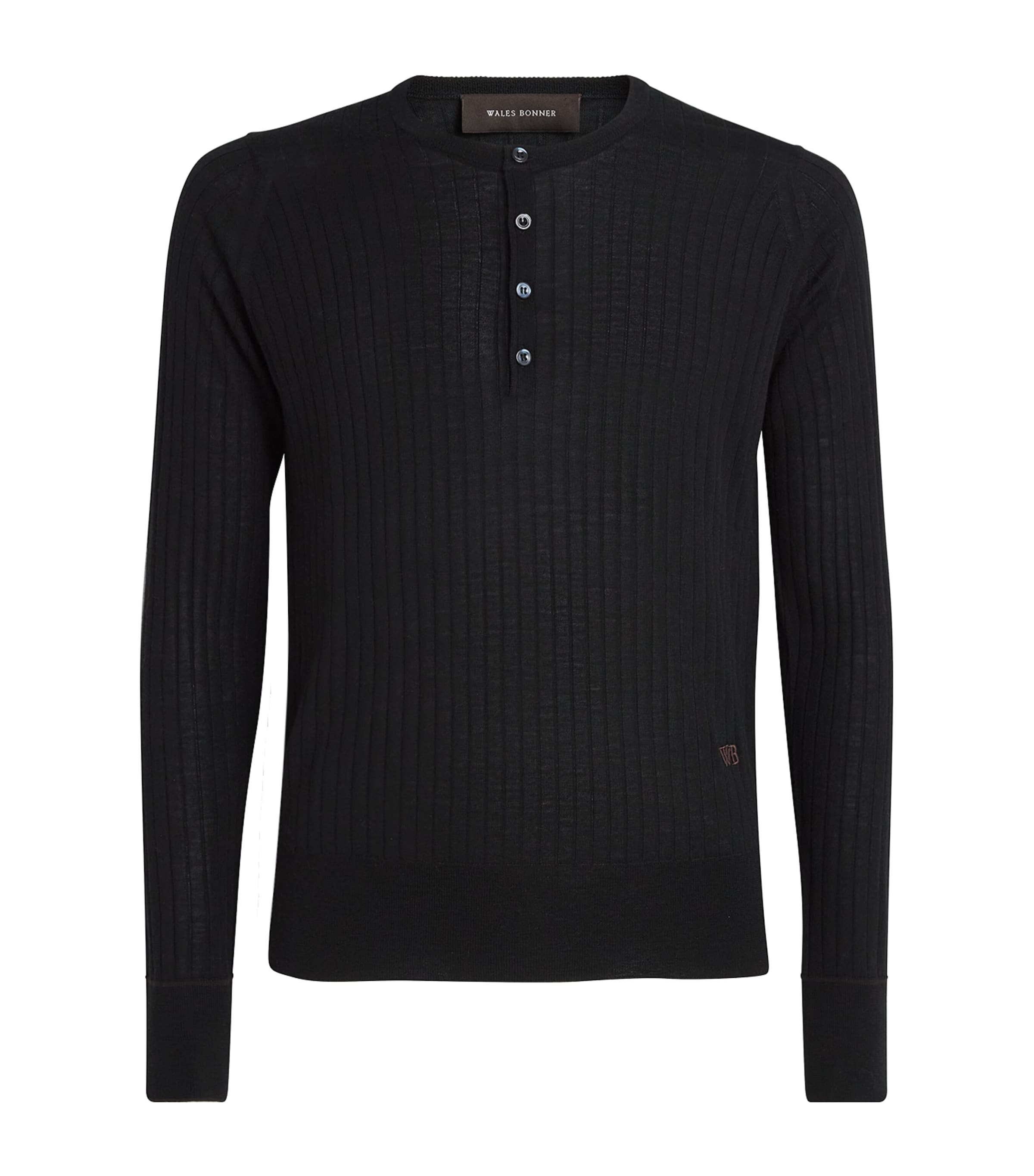 Wales Bonner Mens Wool-Cotton Nile Henley Top Black / Dark Brown Image 1
