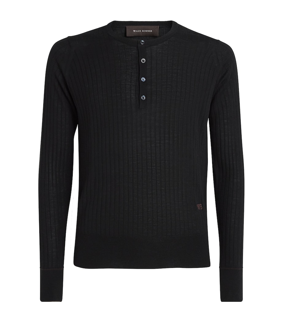 Wales Bonner Mens Wool-Cotton Nile Henley Top Black / Dark Brown Image 1
