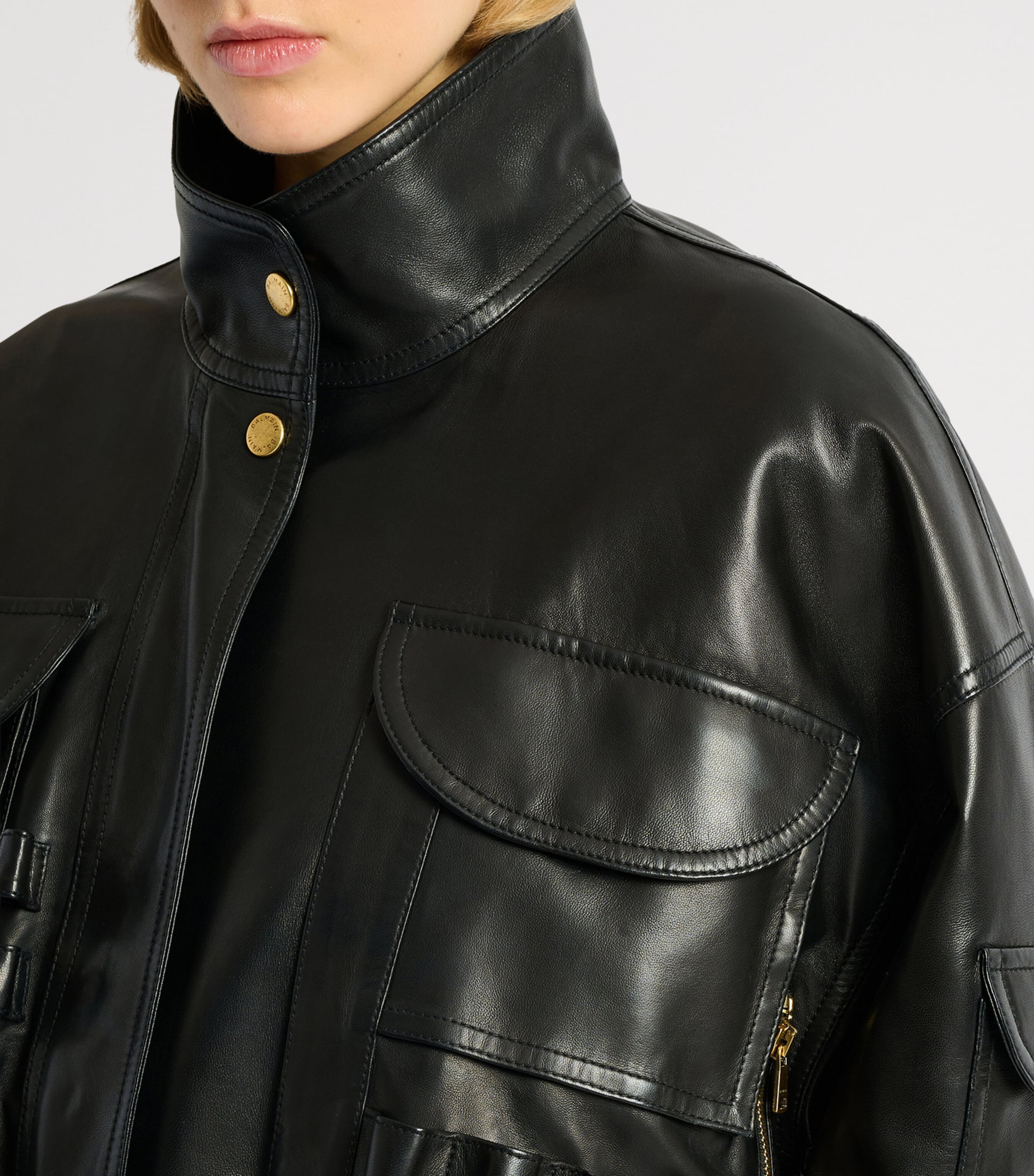 Balmain Womens Lambskin Bomber Jacket Noir Image 8