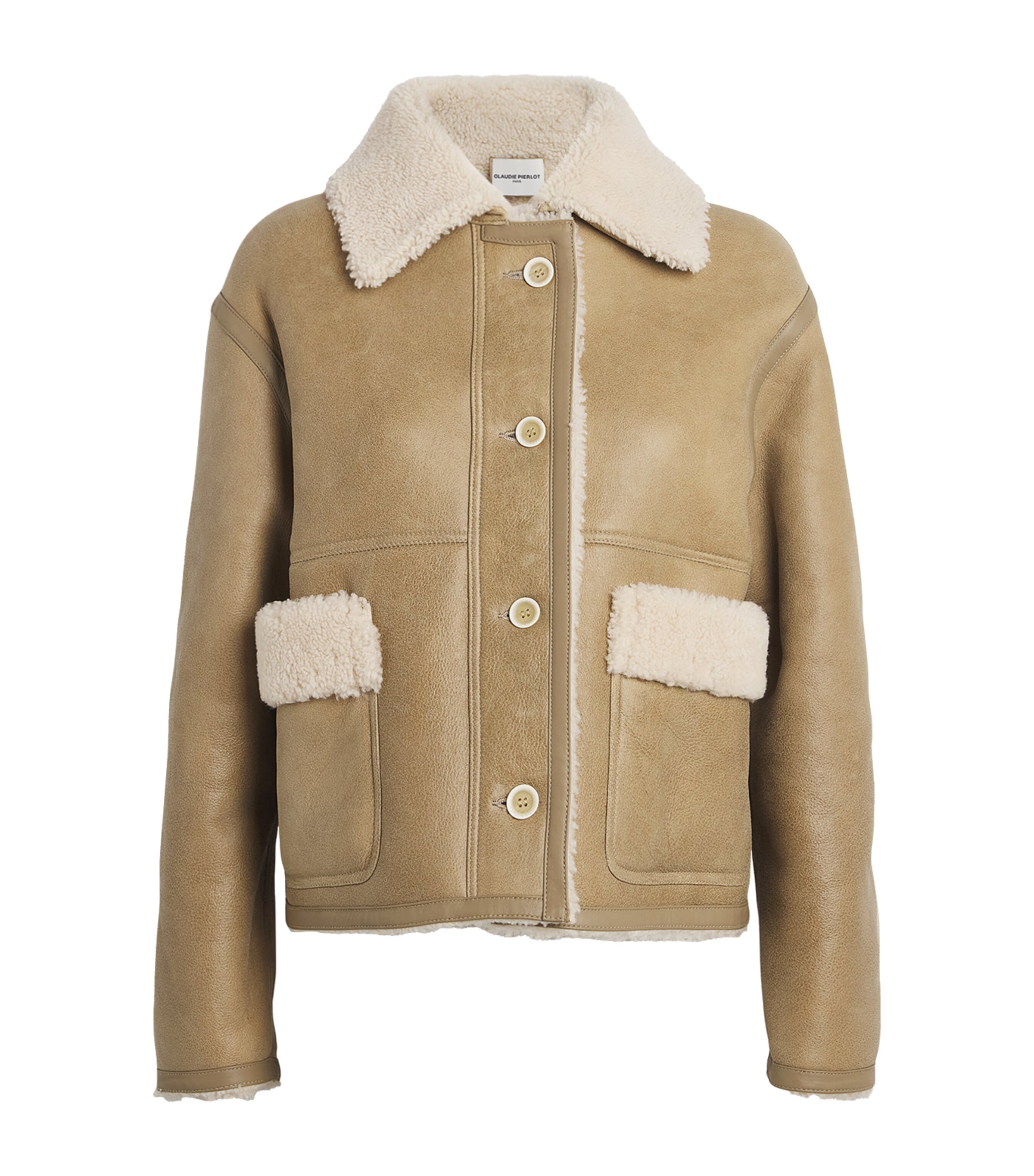 Shop Claudie Pierlot Shearling Leather Jacket In Neutral