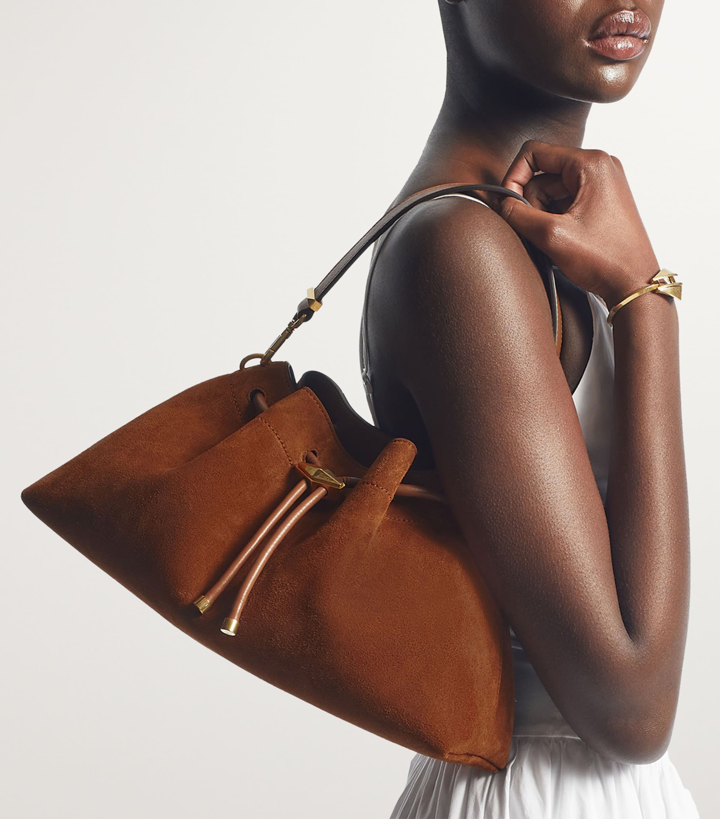 Medium Suede Cinch Bucket Bag TAN/GOLD Image 2