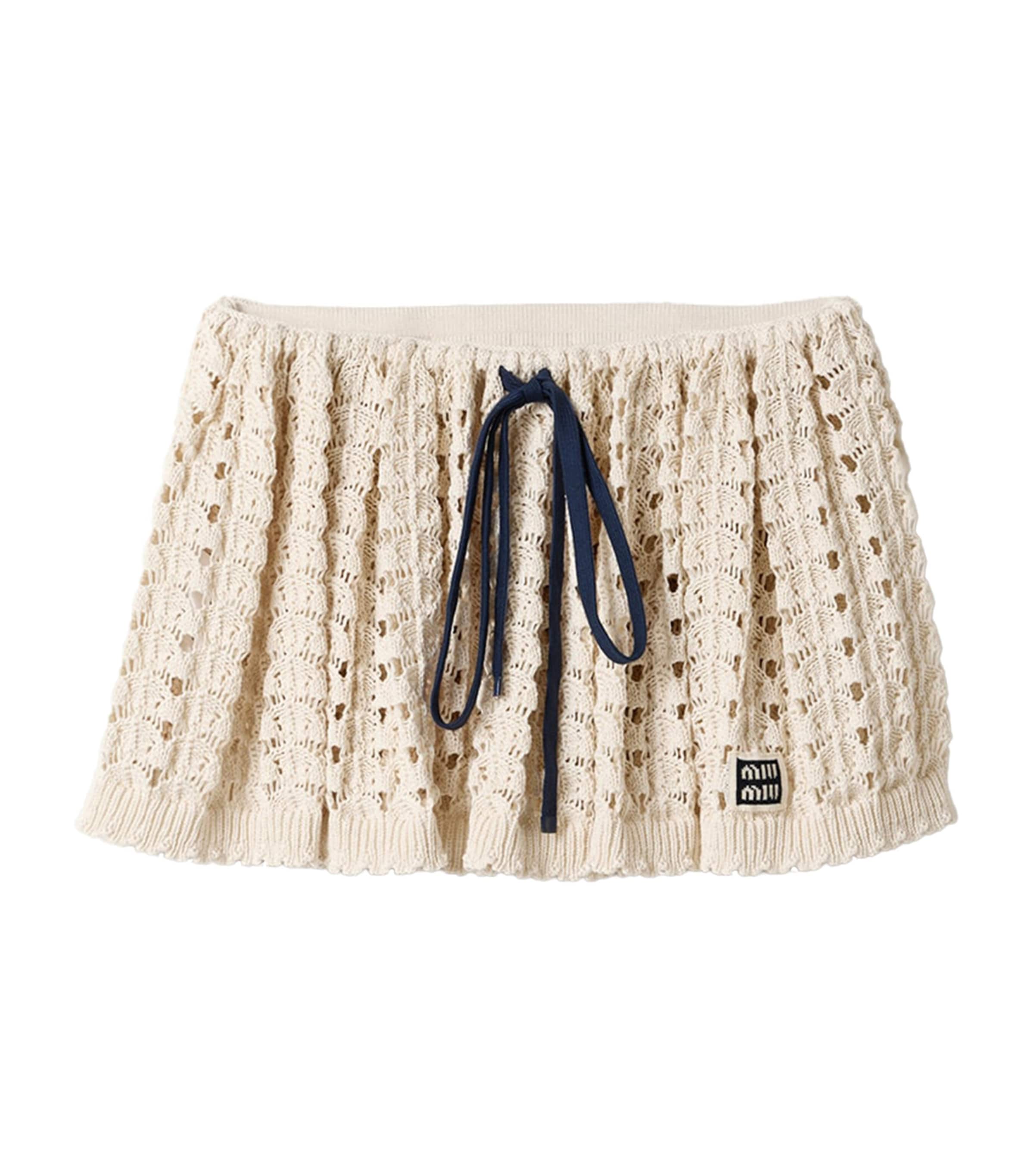 Miu Miu Womens Cotton Openwork-Knit Mini Skirt Neutral Image 1