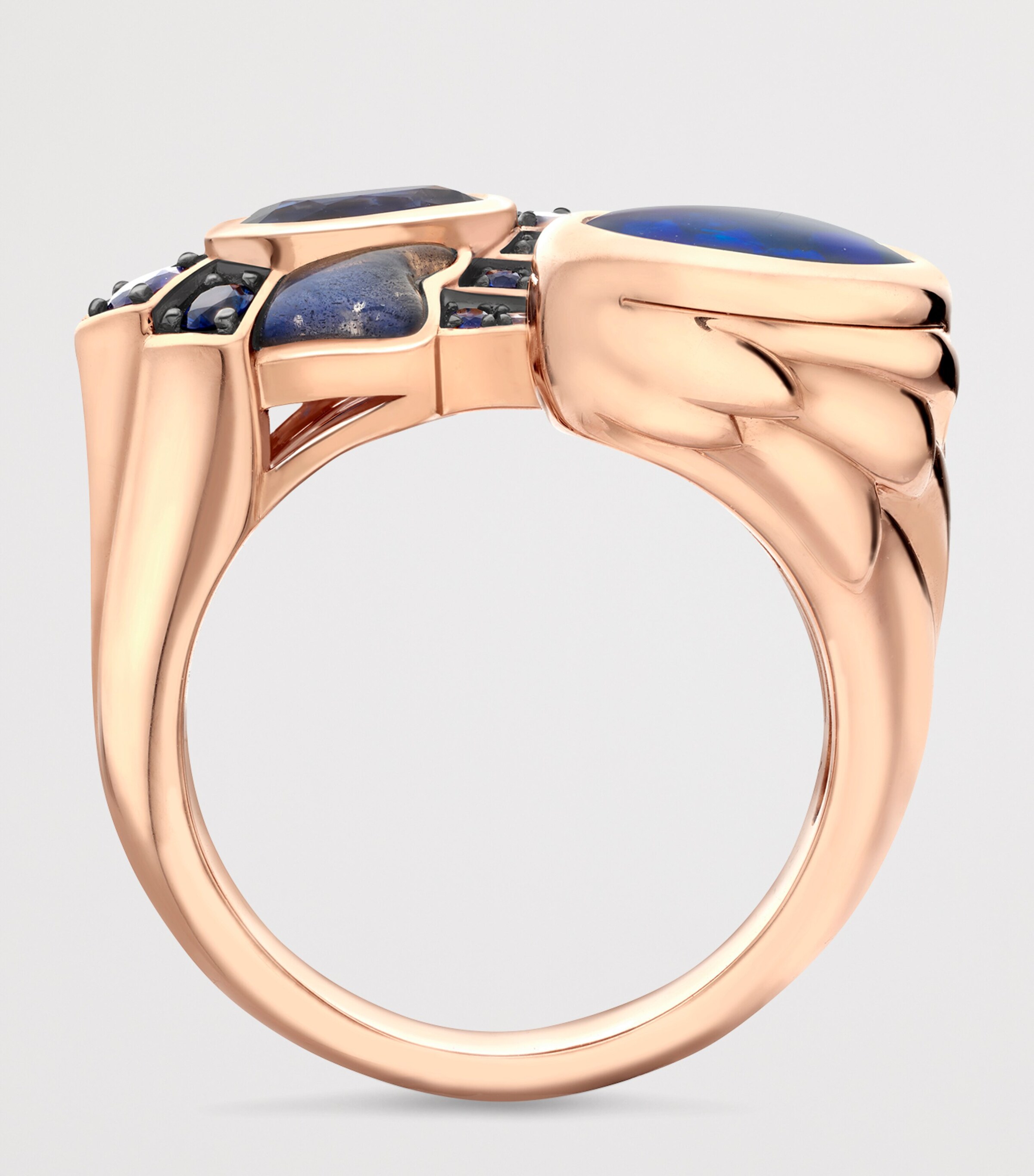 Boodles Rose Gold, Opal and Sapphire The Palace Collection Raven's Watch Gemini Ring Blue Image 3