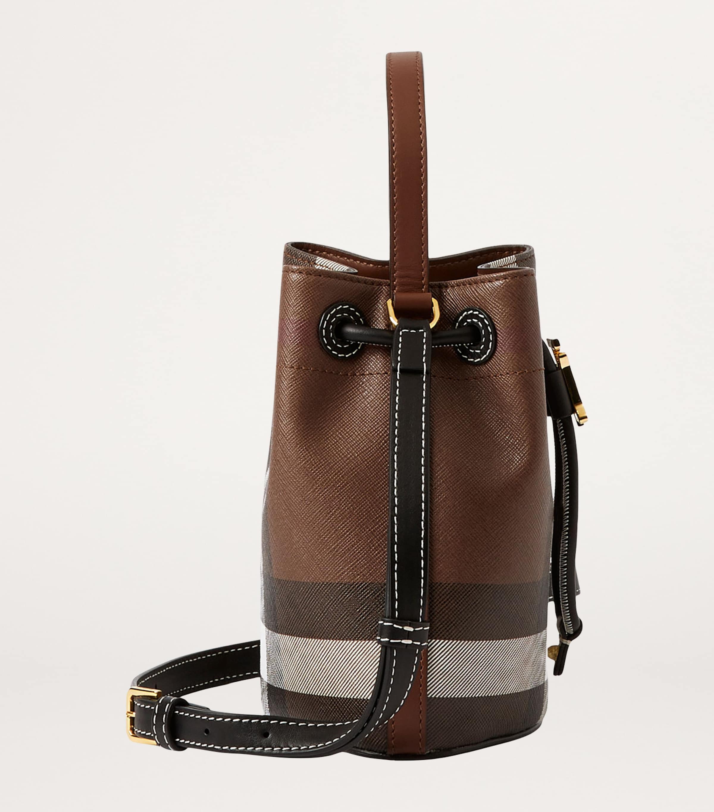 Burberry Mini Check Monogram Bucket Bag Dark Birch Brown Image 2