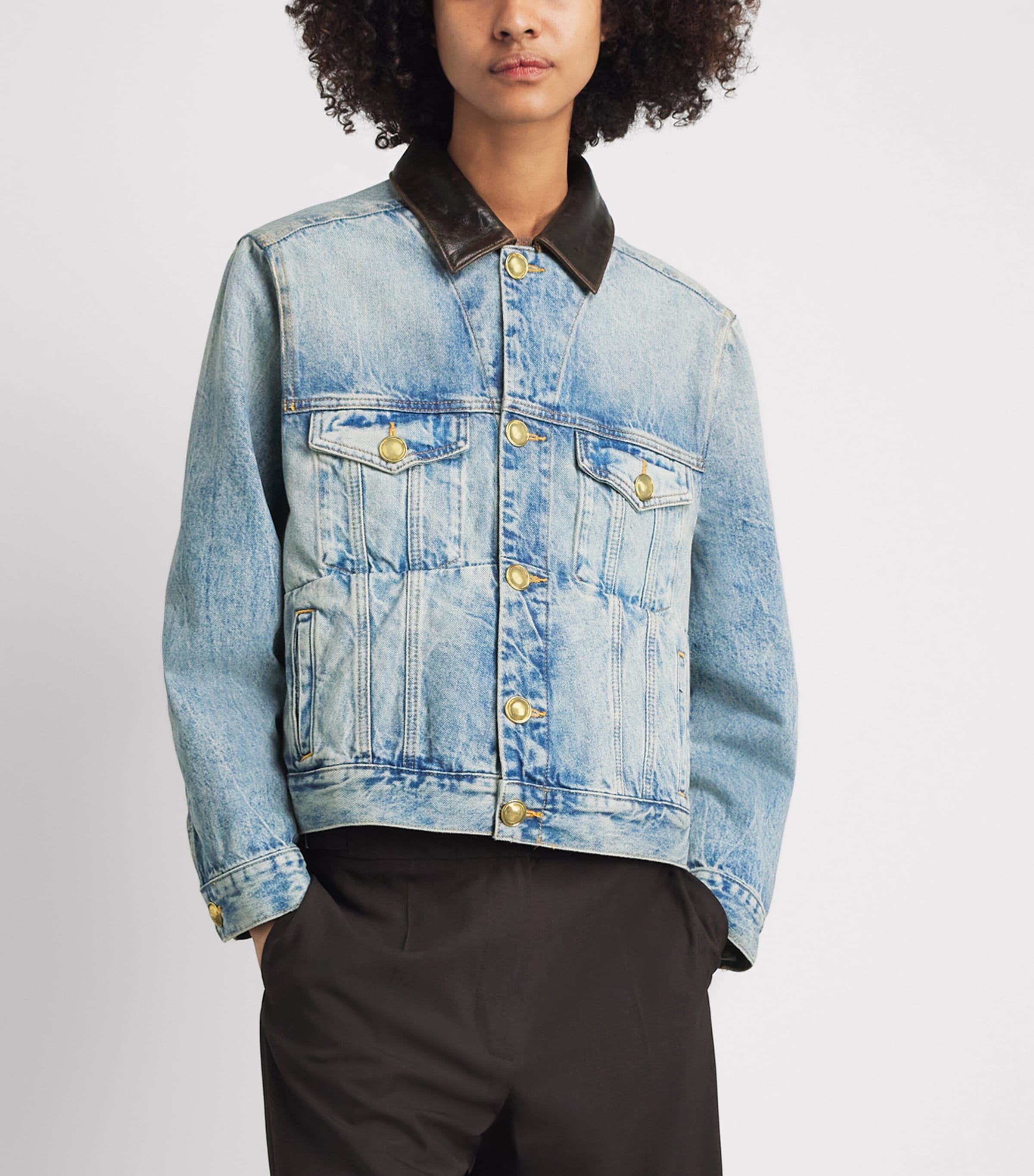 Sandro Paris Womens Leather-Collar Denim Jacket Blue Jean Image 4