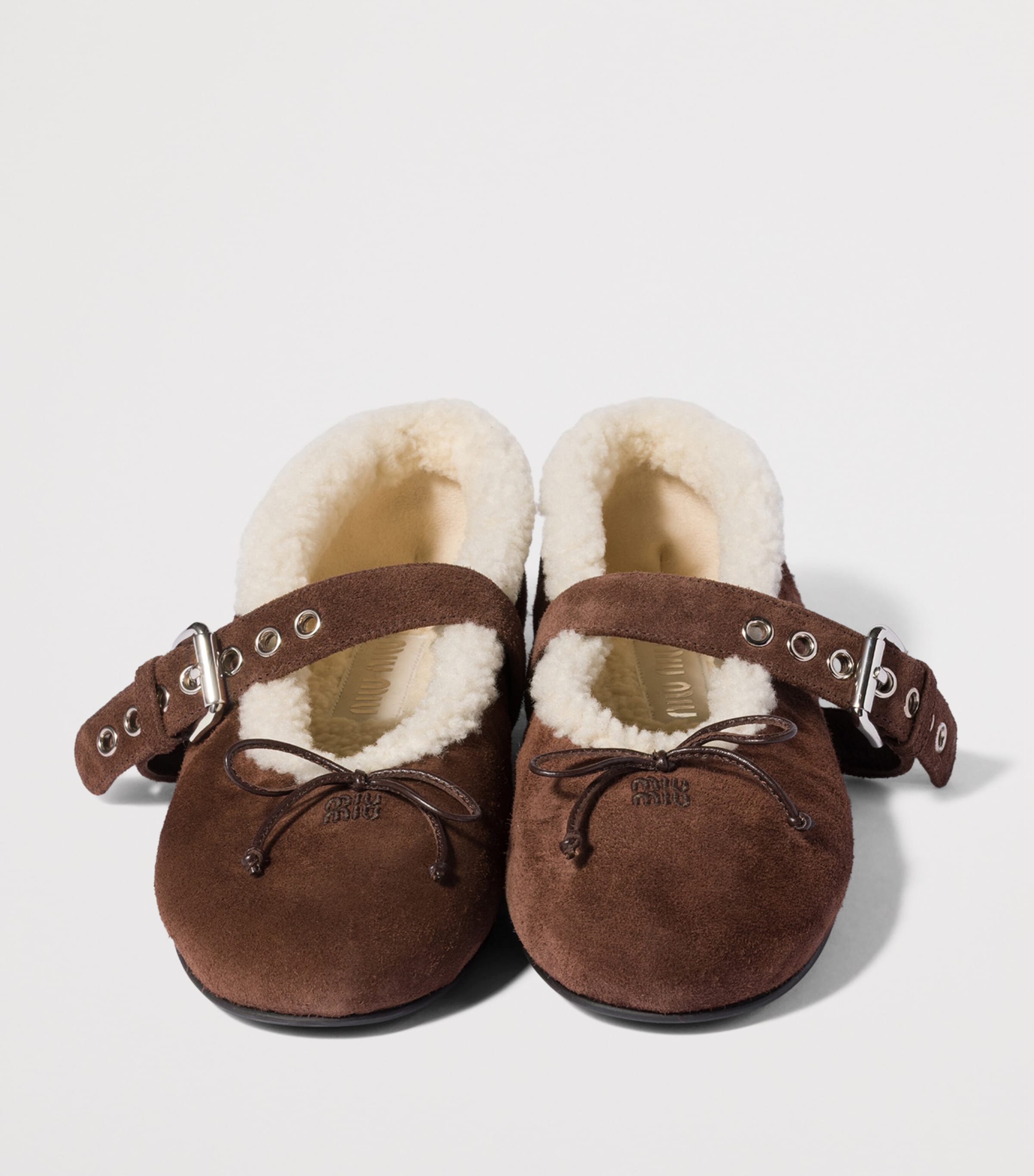Miu Miu Suede Shearling Ballet Flats Brown Image 4