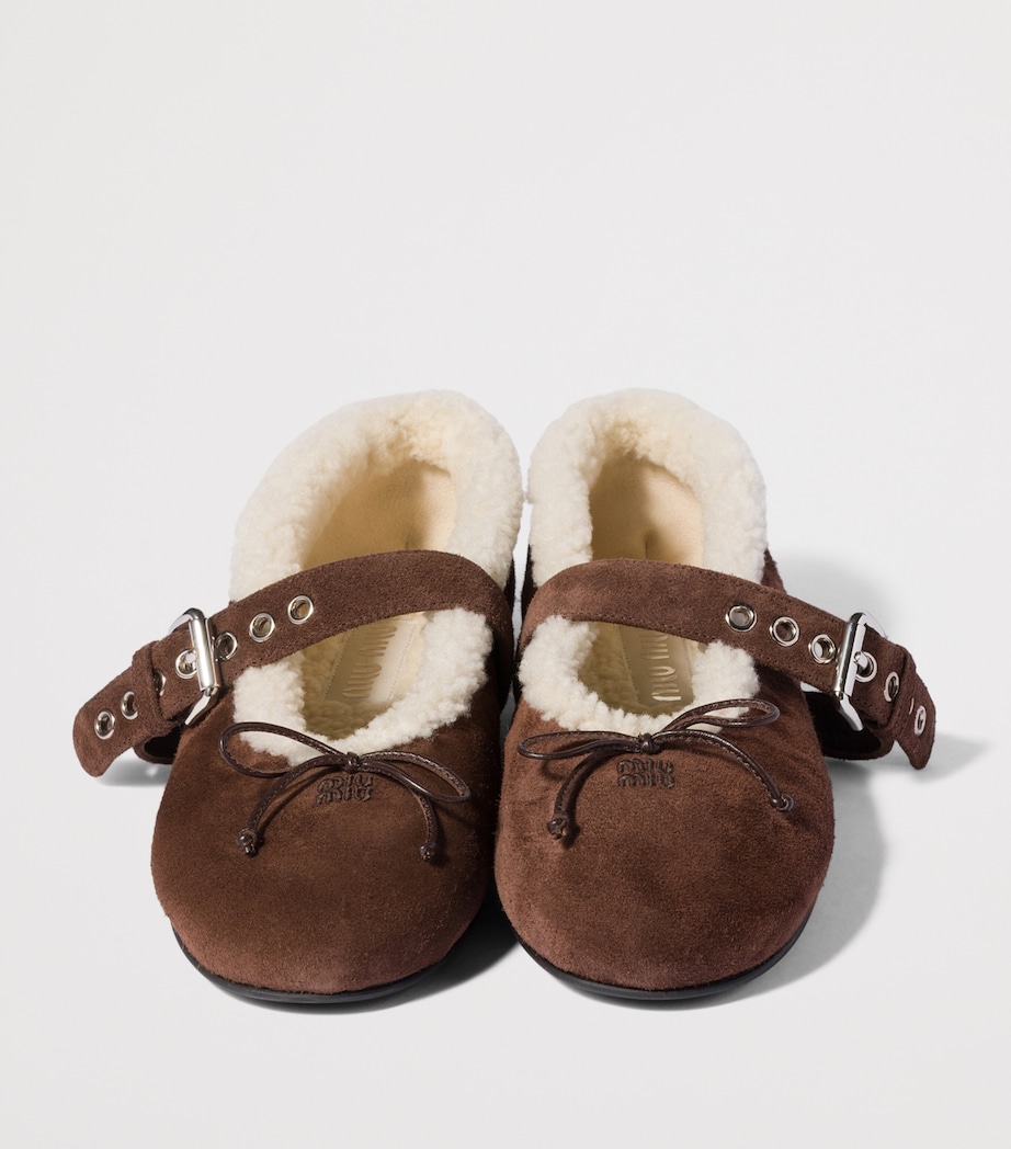 Miu Miu Suede Shearling Ballet Flats Brown Image 4