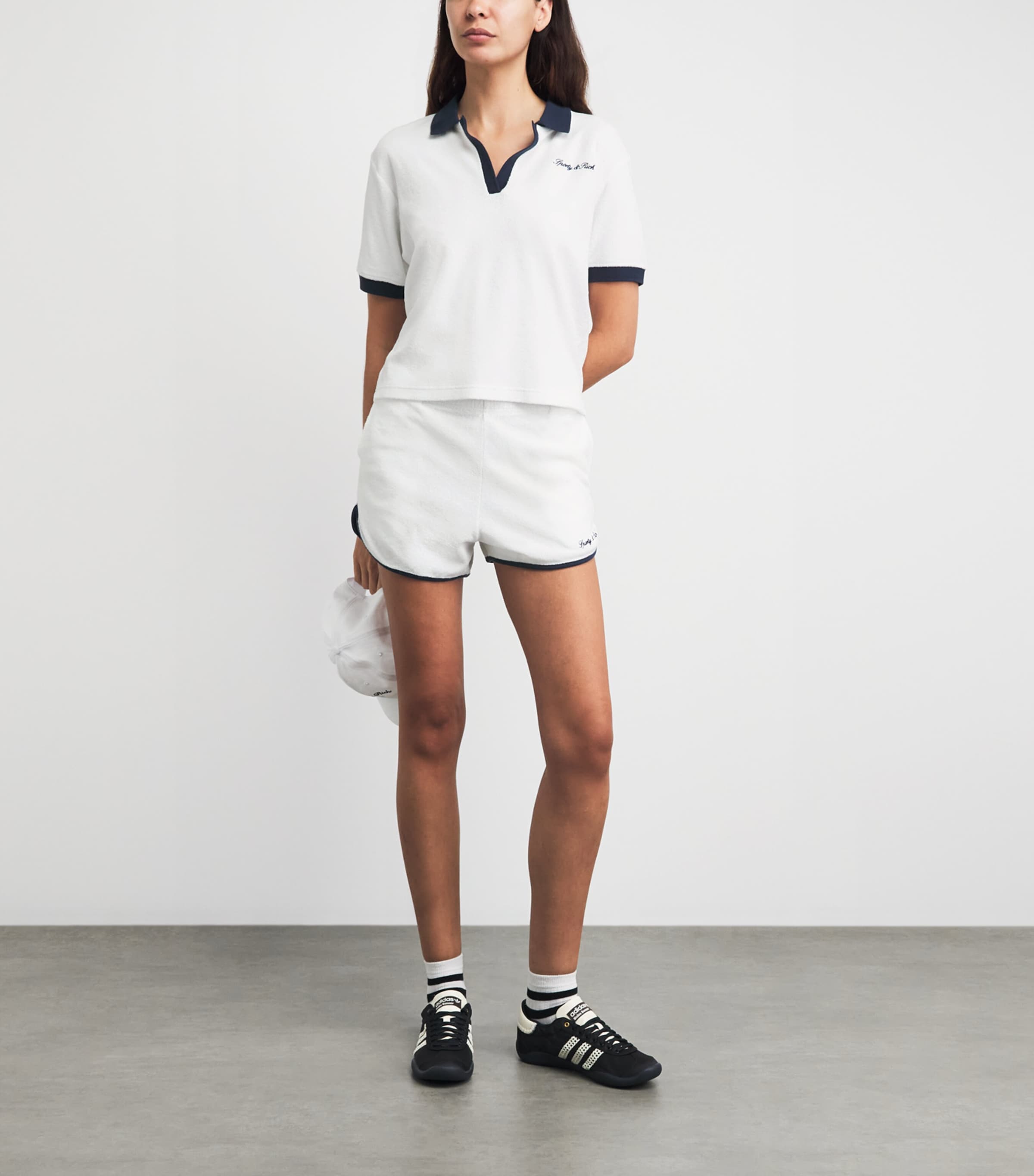 Sporty & Rich Womens Terry Cotton Signature Logo Shorts White/dark Navy Image 2