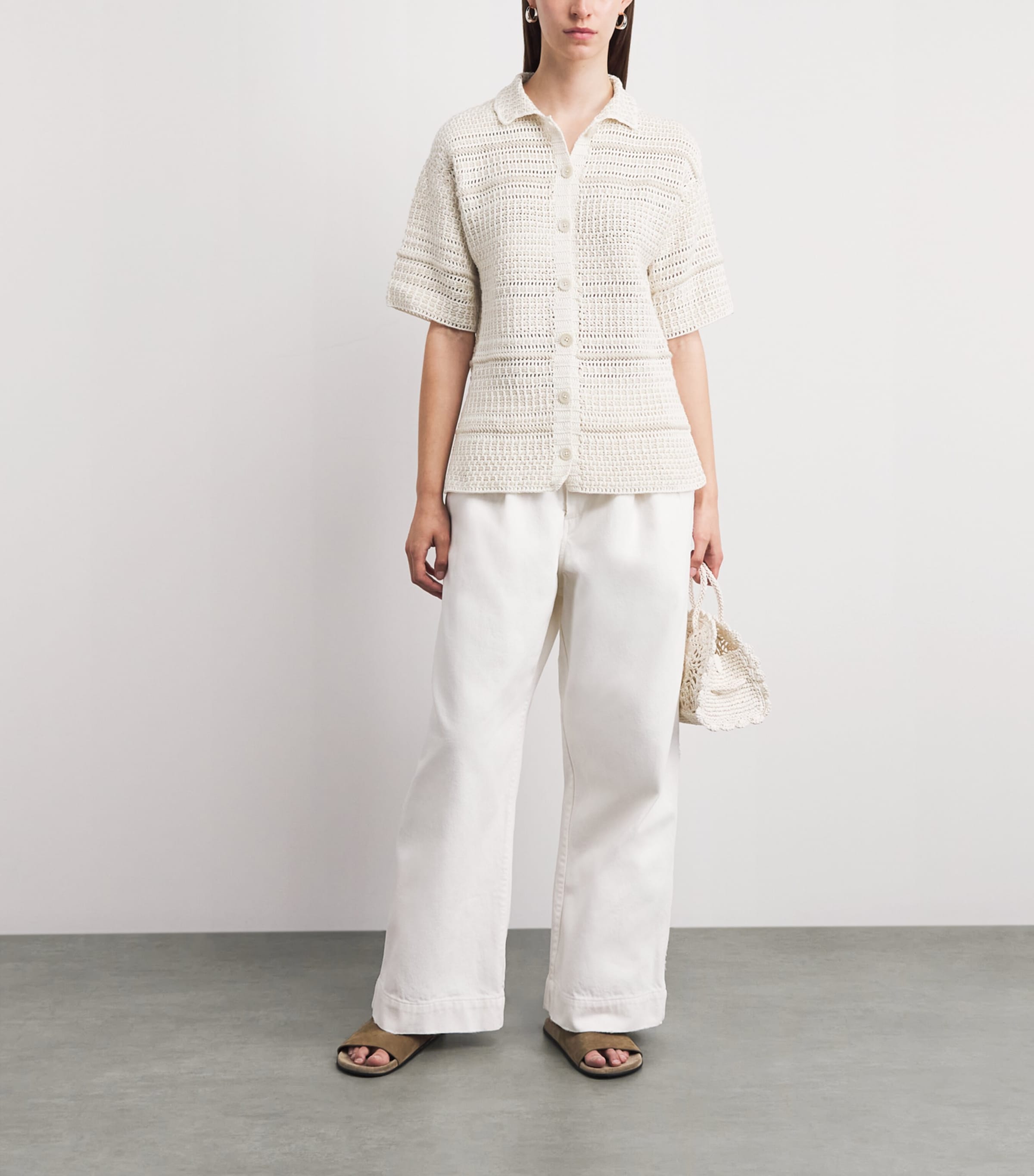 Lauren Manoogian Womens Pima Cotton Crochet Shirt White/parchment Image 2