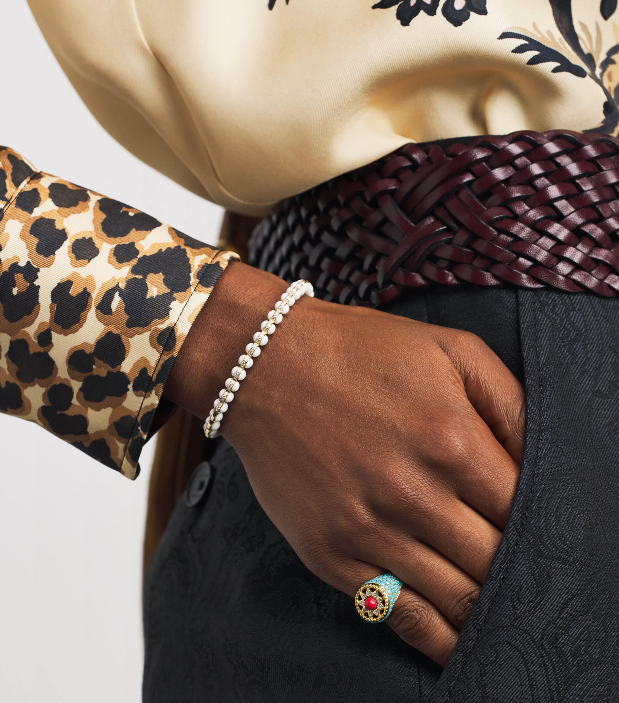 L'ATELIER NAWBAR Yellow Gold, Diamond, Coral and Turquoise Cosmic Love Arabesque Pinky Ring Yellow Gold Image 4