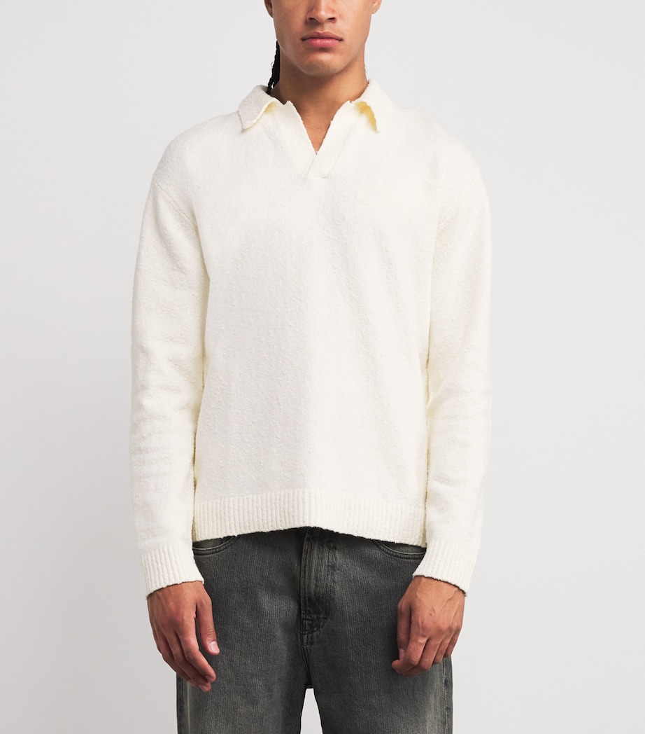 Cotton-Blend Bouclé Polo Sweater AGED WHITE Image 3