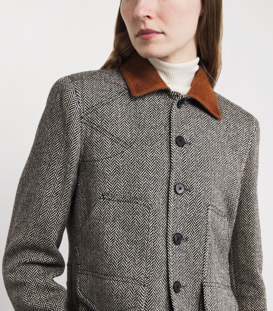 Wool-Blend Herringbone Suede-Trim Jacket BLACK/ CREAM HRRNGBN Image 6