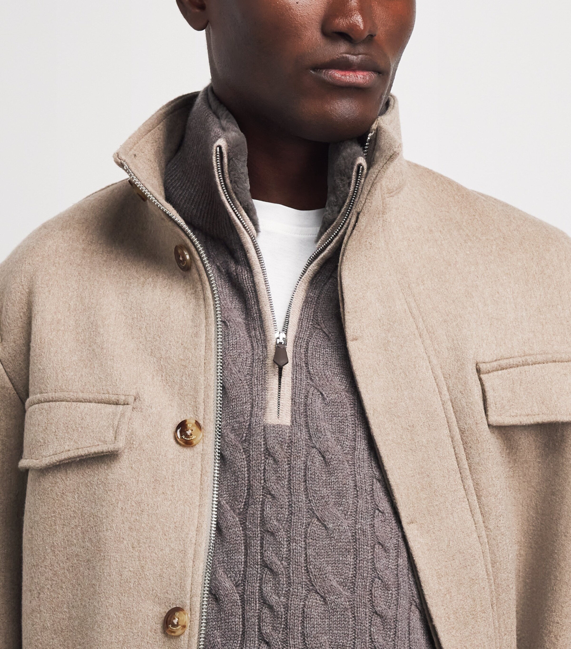 N.Peal Mens Cashmere Cable-Knit Quarter-Zip Sweater Otter Browntruffle Image 3