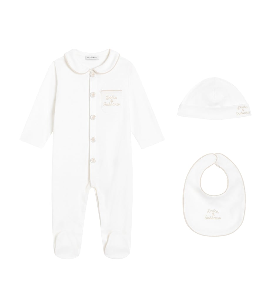 Dolce&Gabbana Kids Cotton Logo All-In-One, Bib and Hat Set (0-24 Months) White Image 1