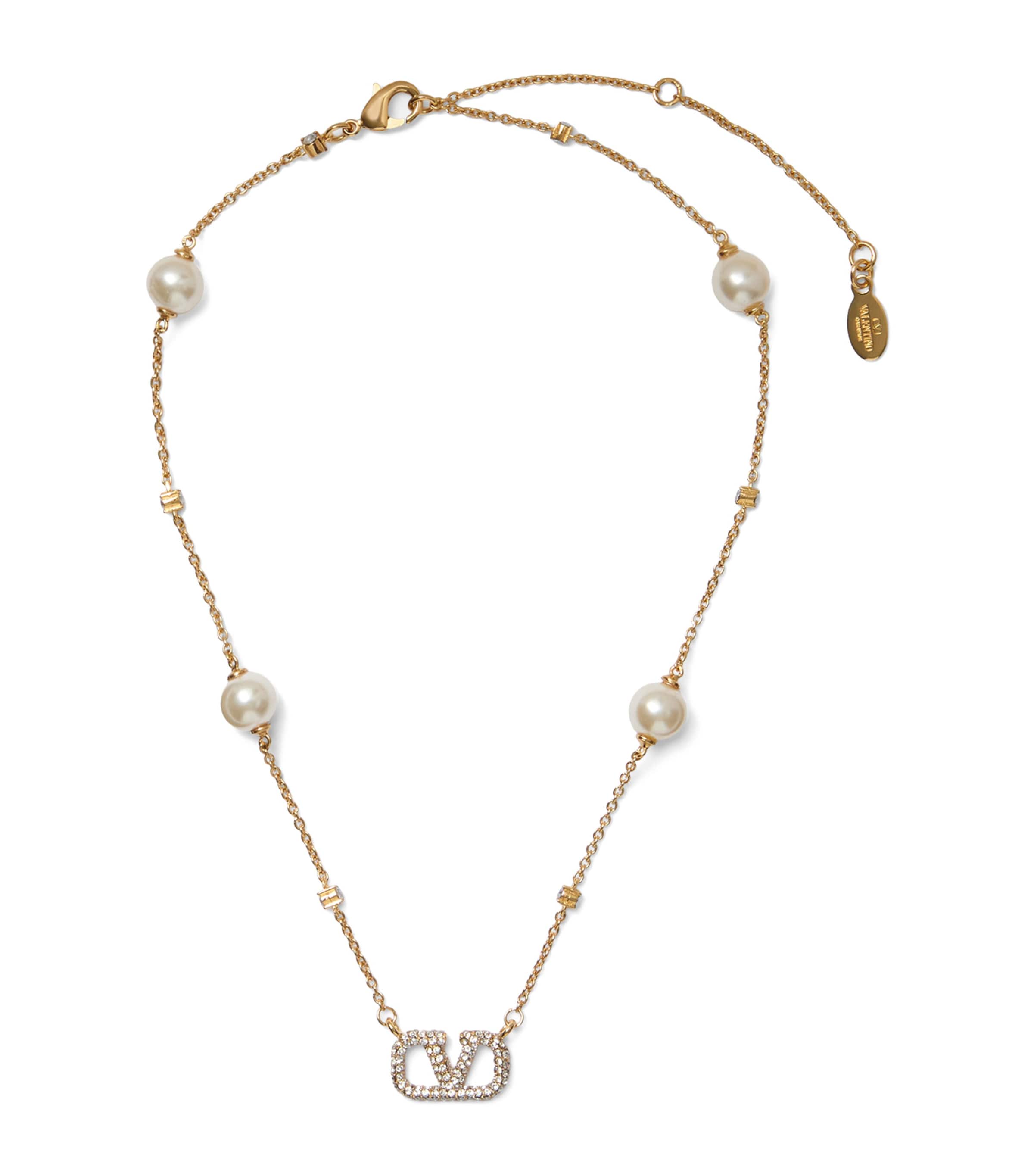 Valentino Garavani Embellished Vlogo And Faux Pearl Necklace