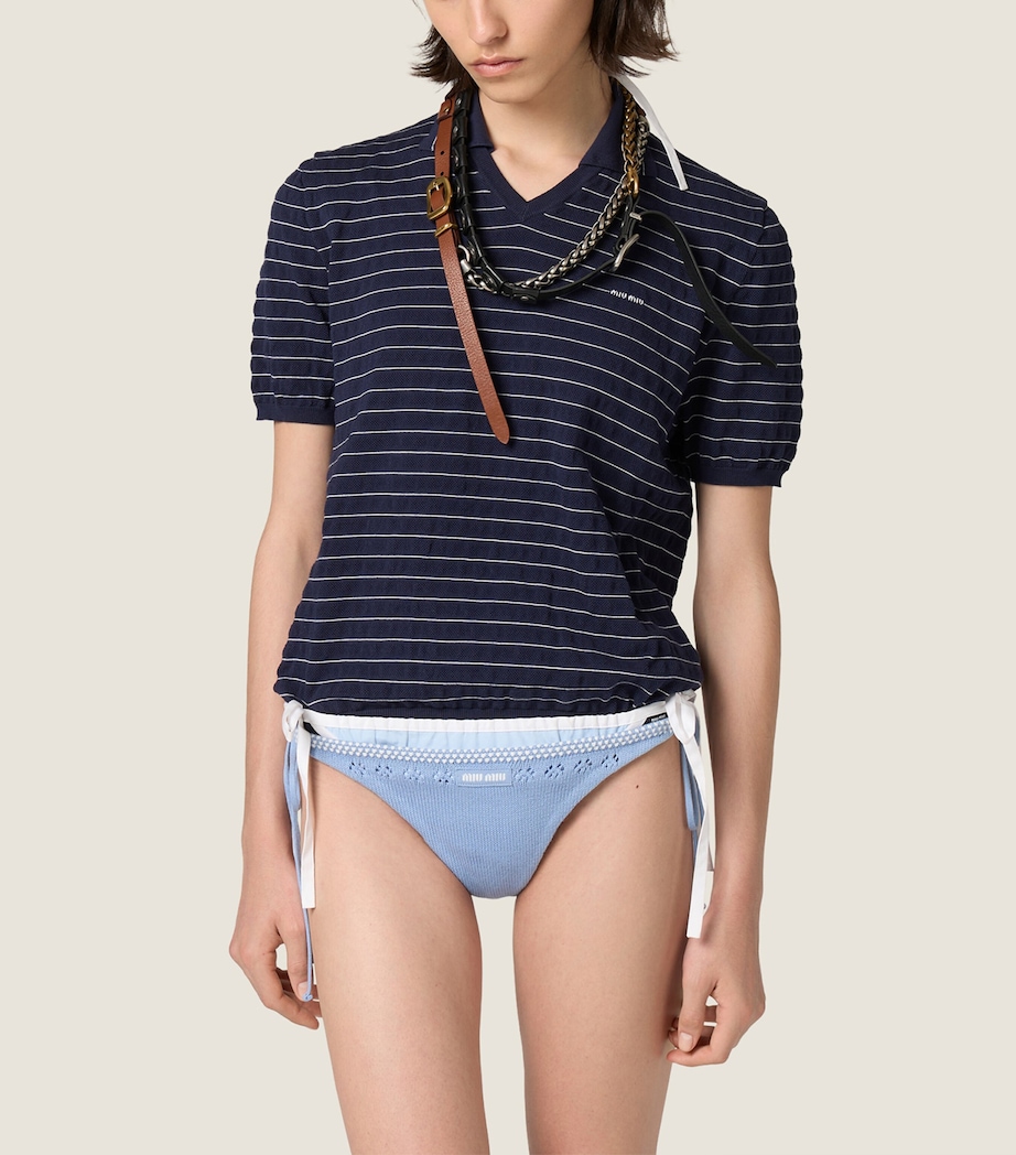 Miu Miu Womens Cotton Stripe Polo Sweater Blue Image 5