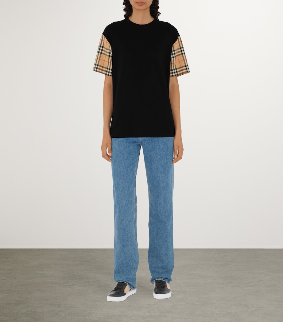Cotton Check-Sleeve T-Shirt BLACK Image 4