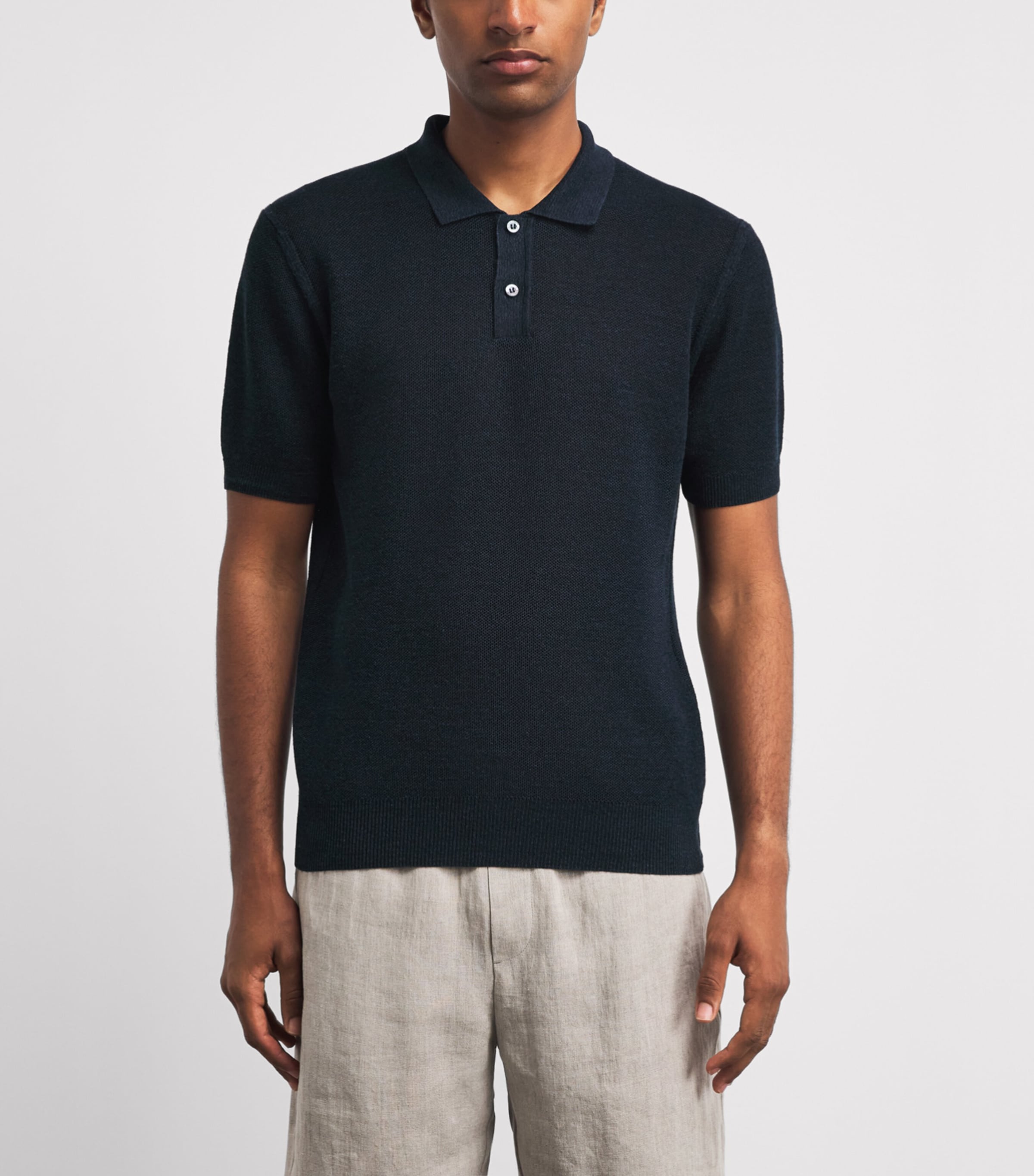 Sunspel Mens Linen-Silk Honeycomb Polo Shirt Buaf Light Navy Image 4