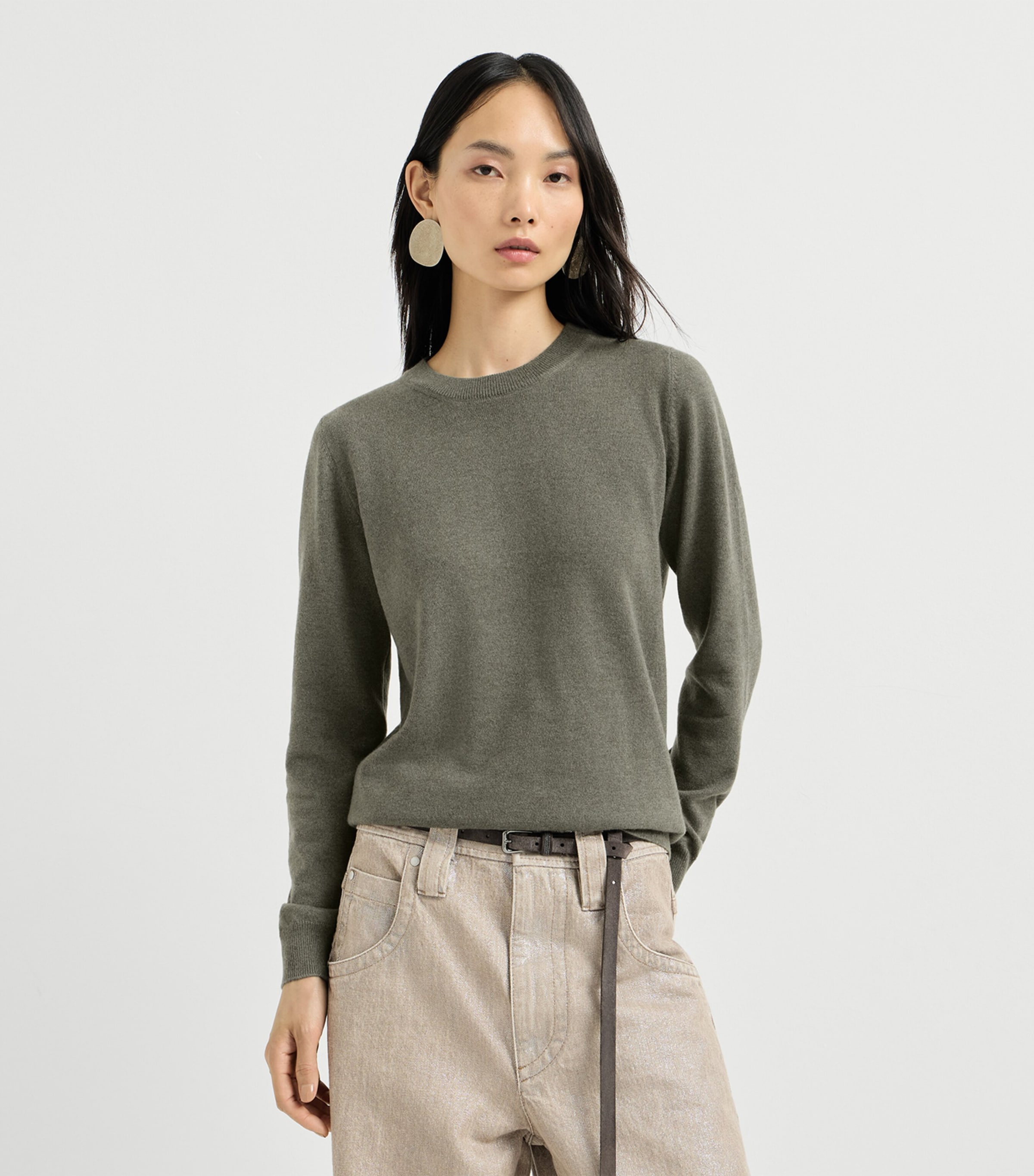 Brunello Cucinelli Womens Cashmere Monili-Detail Sweater Dark Green Image 2