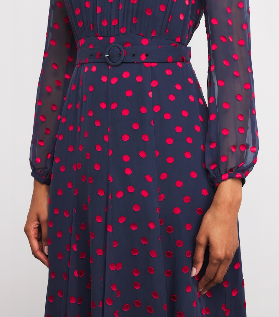 Saloni Womens Silk-Blend Devoré Polka Dot Jacqui B Midi Dress Navy Brght Rouge Image 6