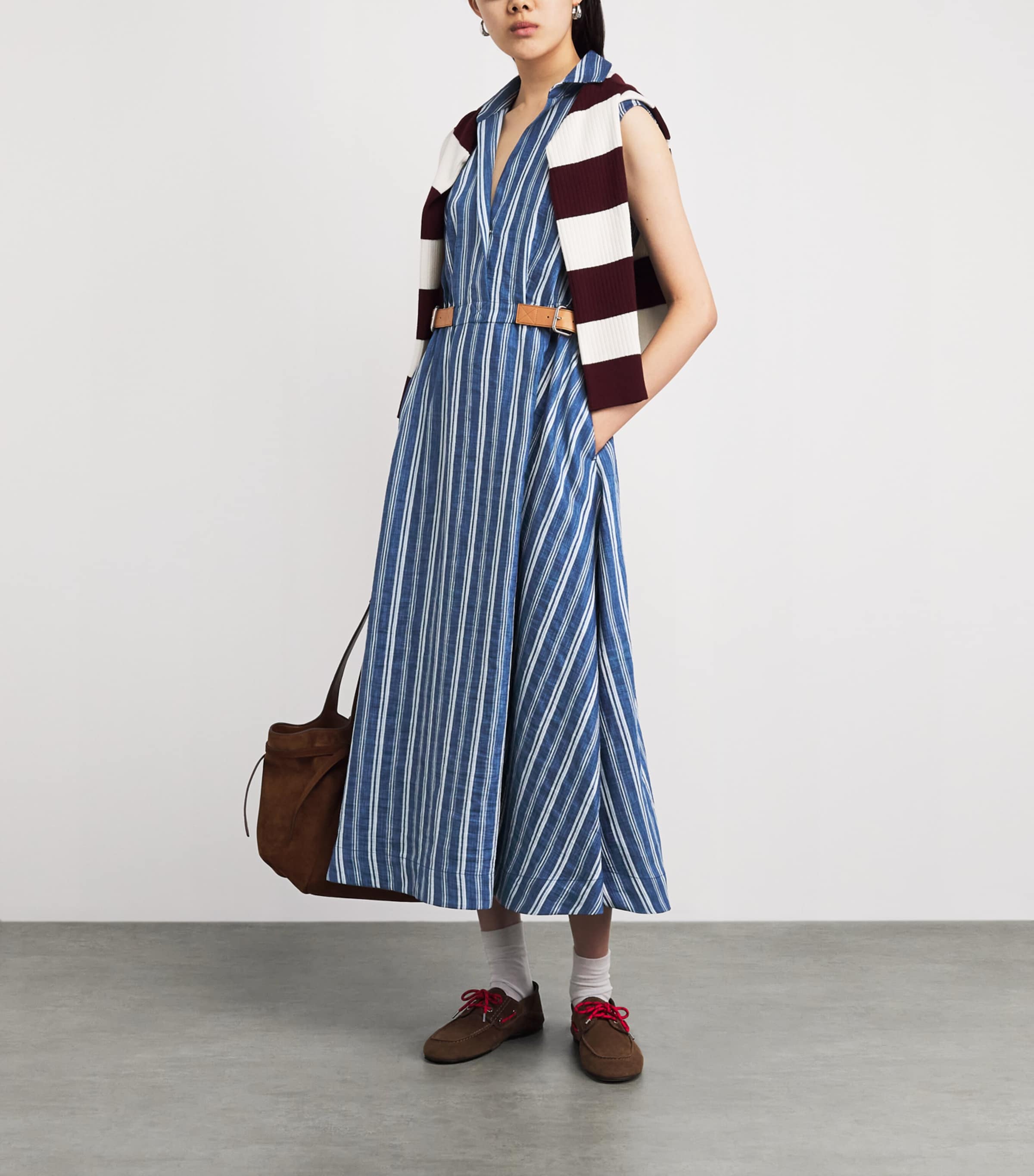 Sandro Paris Womens Belted Stripe Midi Shirt Dress Blu / White Image 2