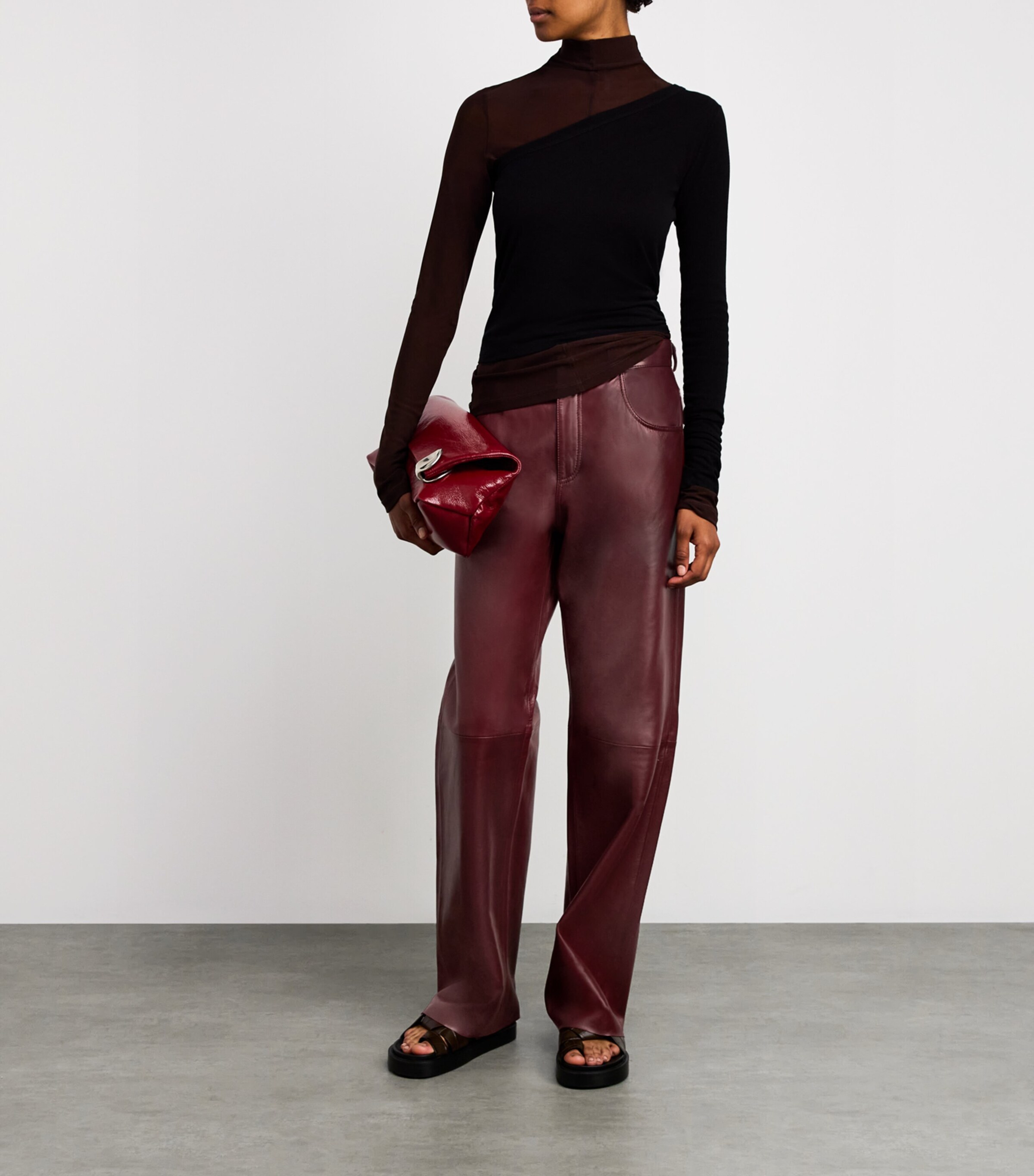 Leather Bonnie Straight Trousers CHERRY Image 2