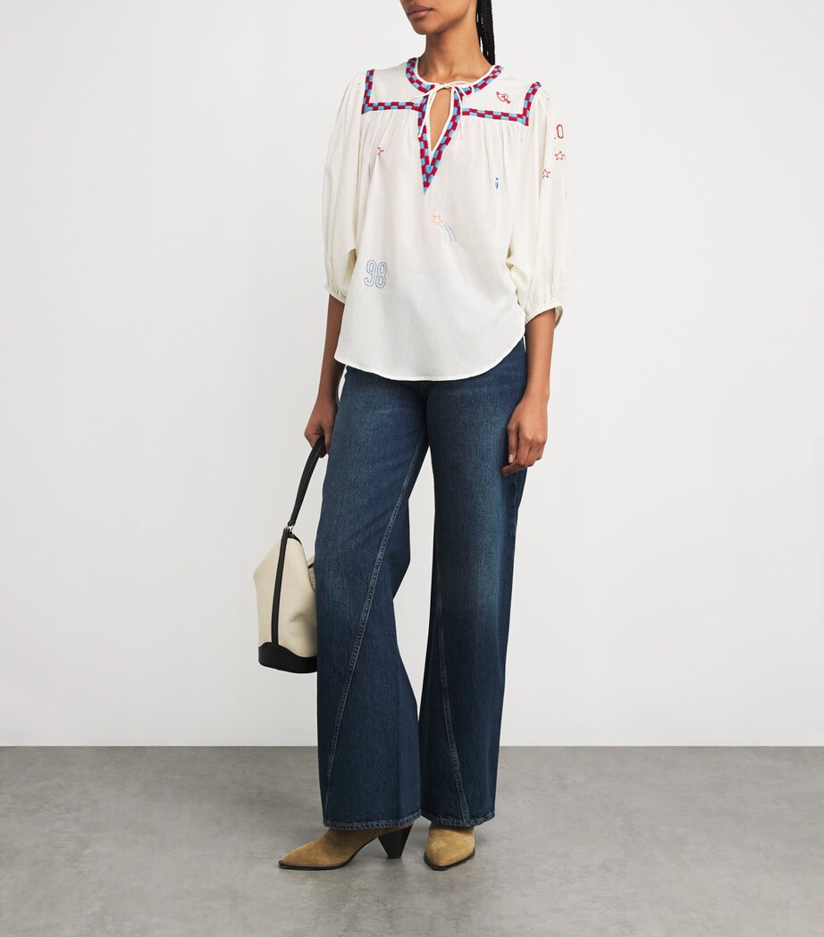 MOTHER Womens Cotton-Blend Embroidered The Breeze Blouse Last Lap Whspr White Image 2