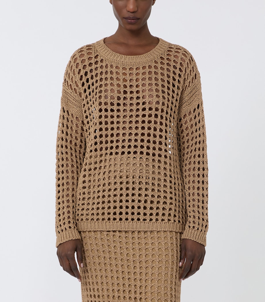 Max Mara Womens Cotton Open-Knit Sweater Desert Image 2