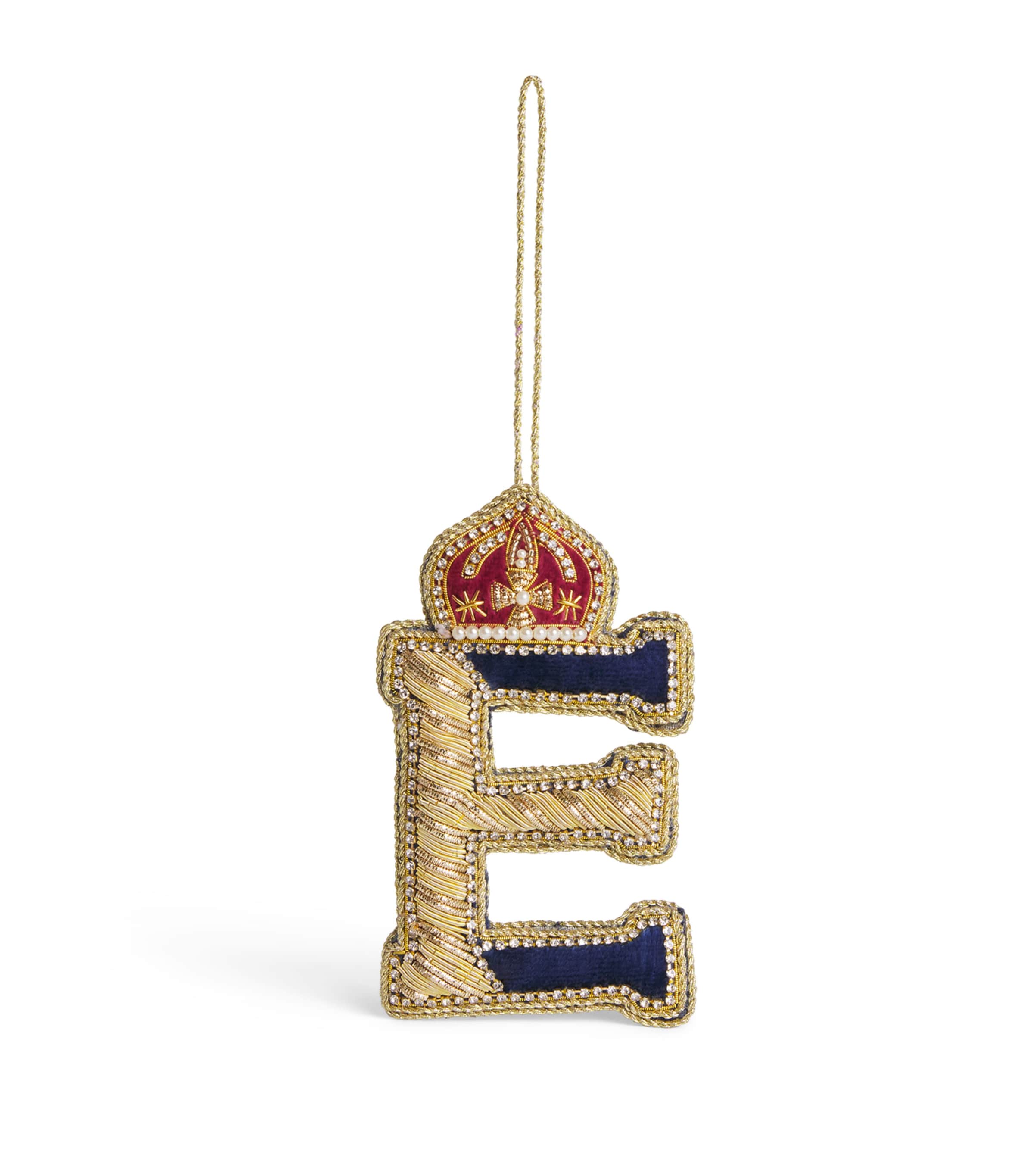 Tinker Tailor Velvet Crystal Letter E Tree Decoration Navy, Gold & Wine Image 1