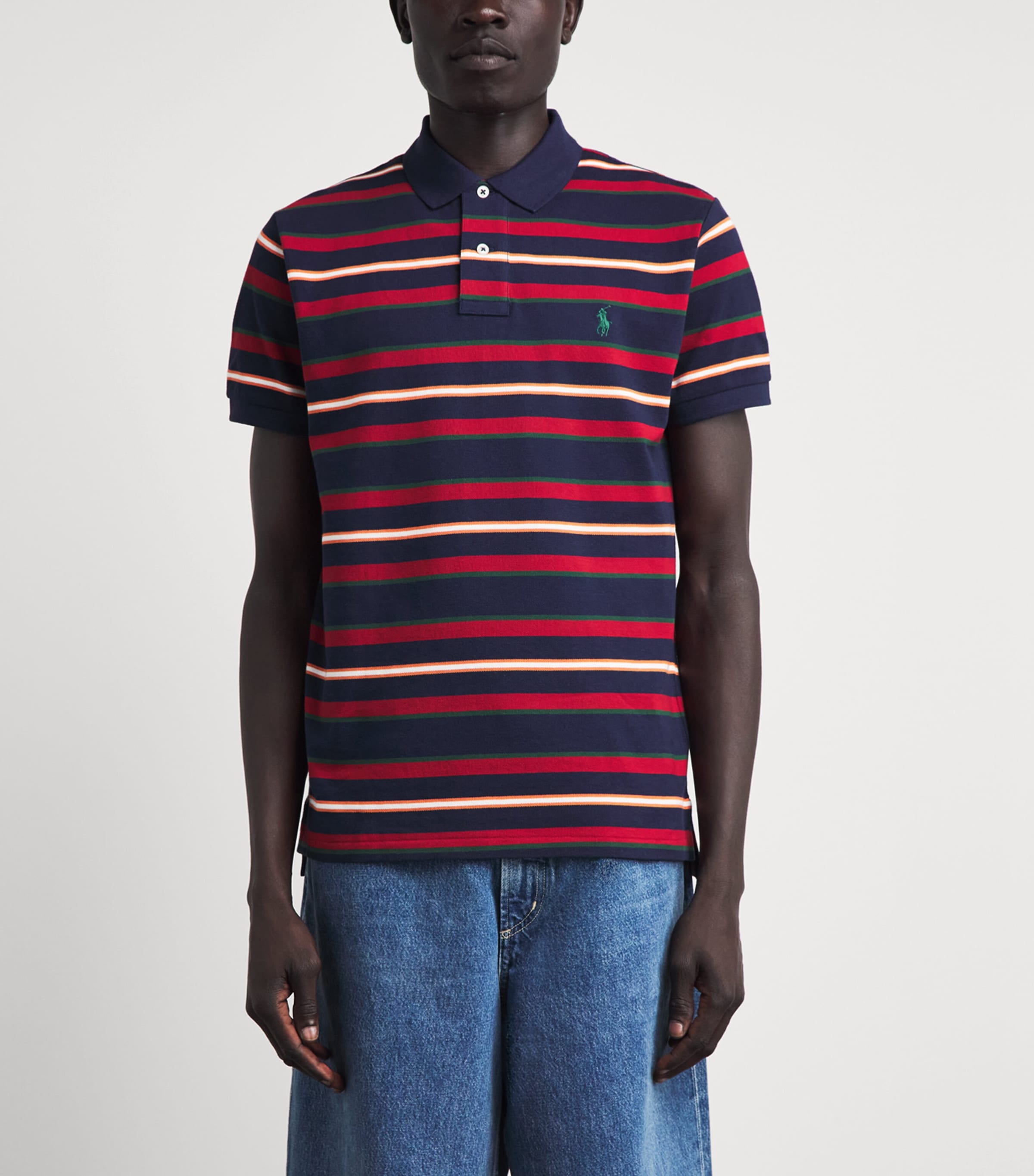 Polo Ralph Lauren Mens Cotton Stripe Custom Slim Polo Shirt Newport Navy Multi Image 4