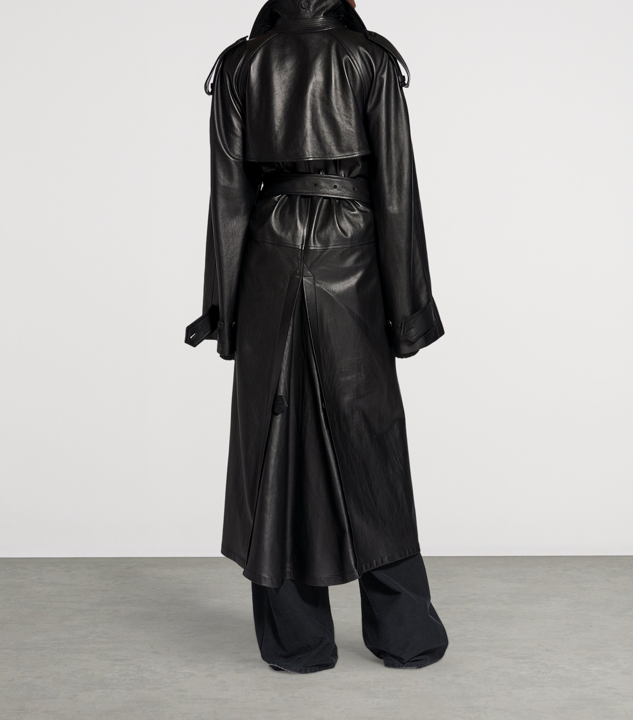 Balenciaga Black Leather Double-Belt Trench Coat | Harrods UK