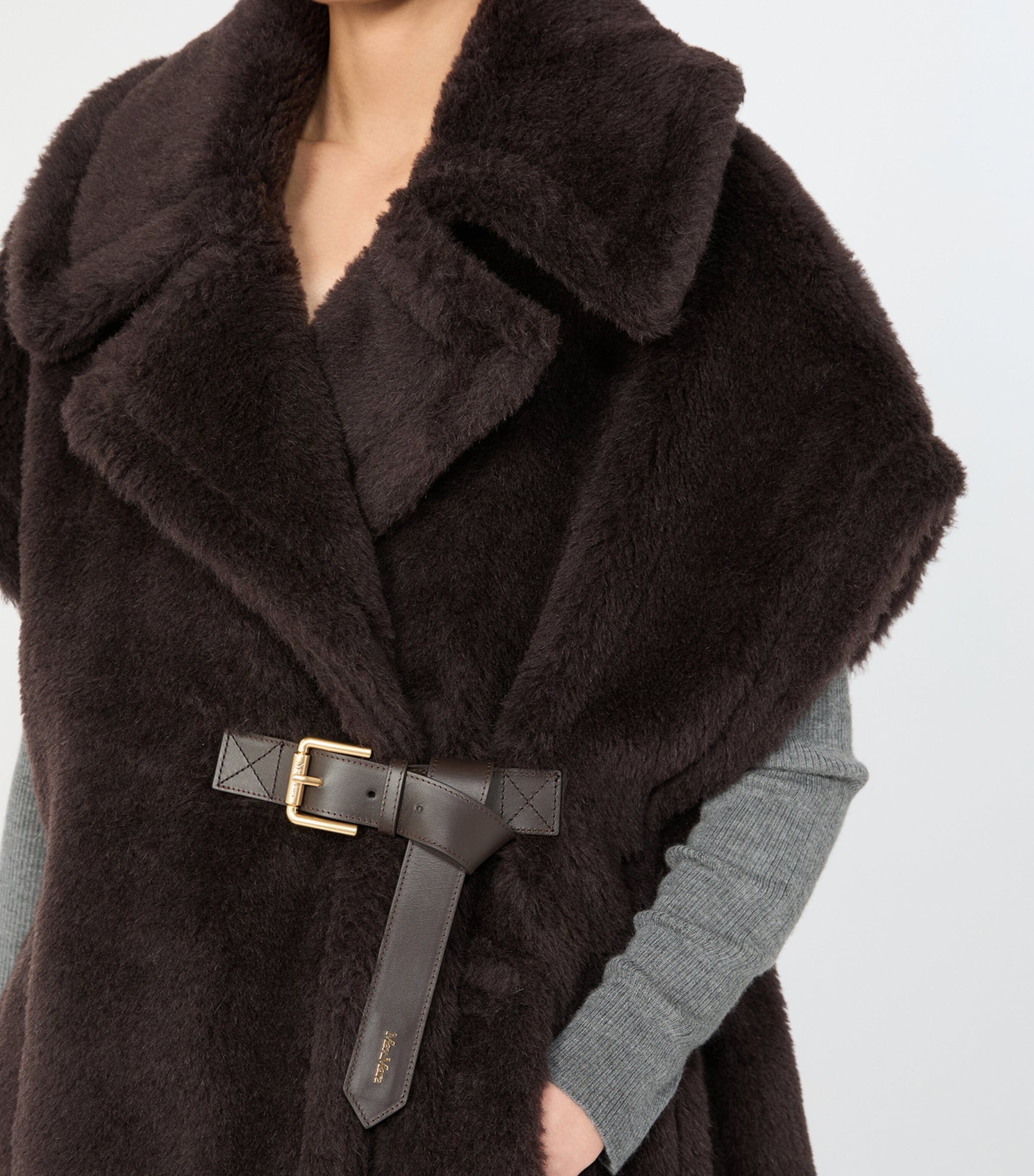 Max Mara Womens Faux Fur Belted Cape Brown Image 5