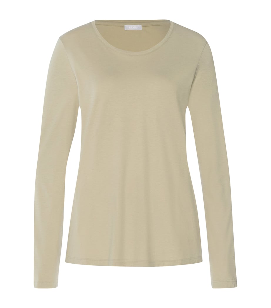 Hanro Womens Stretch-Cotton Long-Sleeve Sleep & Lounge T-Shirt Olive Stem Image 1