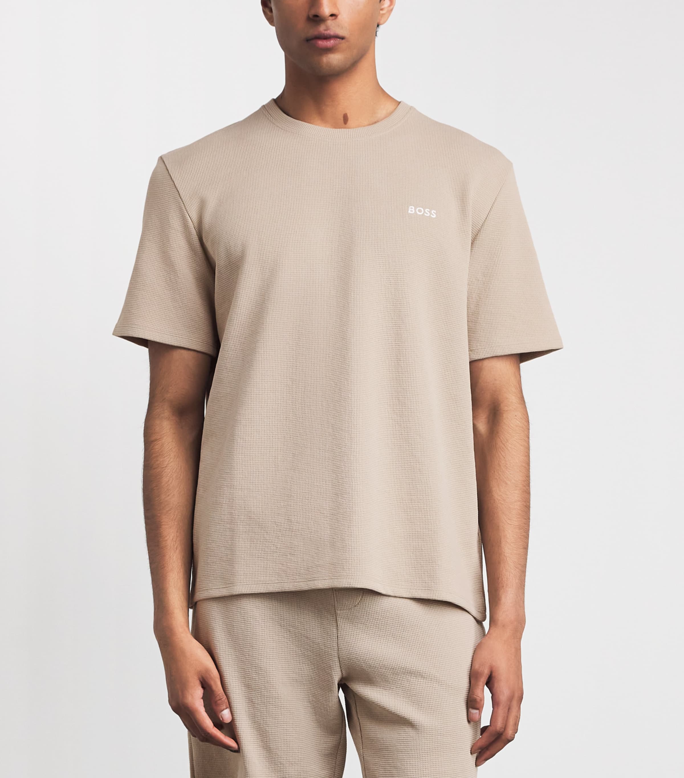 BOSS Mens Cotton-Blend Waffle-Knit T-Shirt Light Beige Image 4