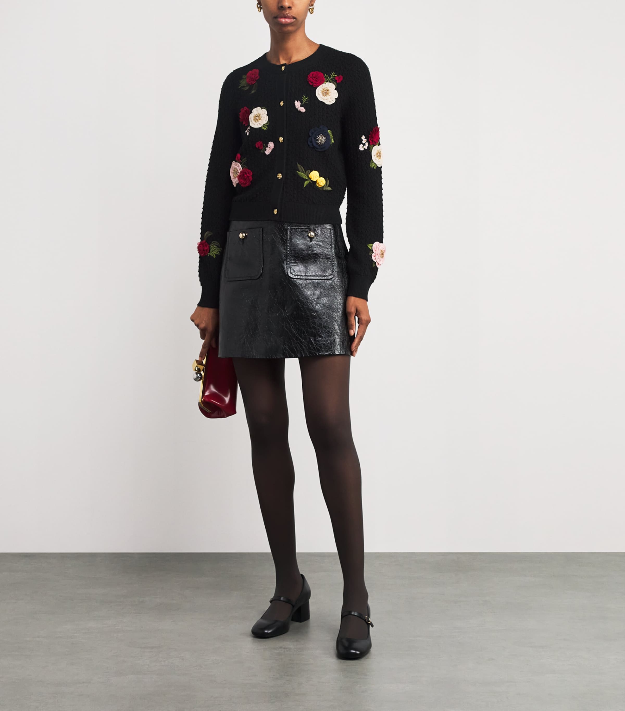 Wool Floral-Appliqué Carolee Cardigan A008 BLACK MULTI Image 2