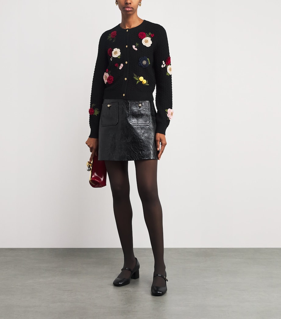 Wool Floral-Appliqué Carolee Cardigan A008 BLACK MULTI Image 2