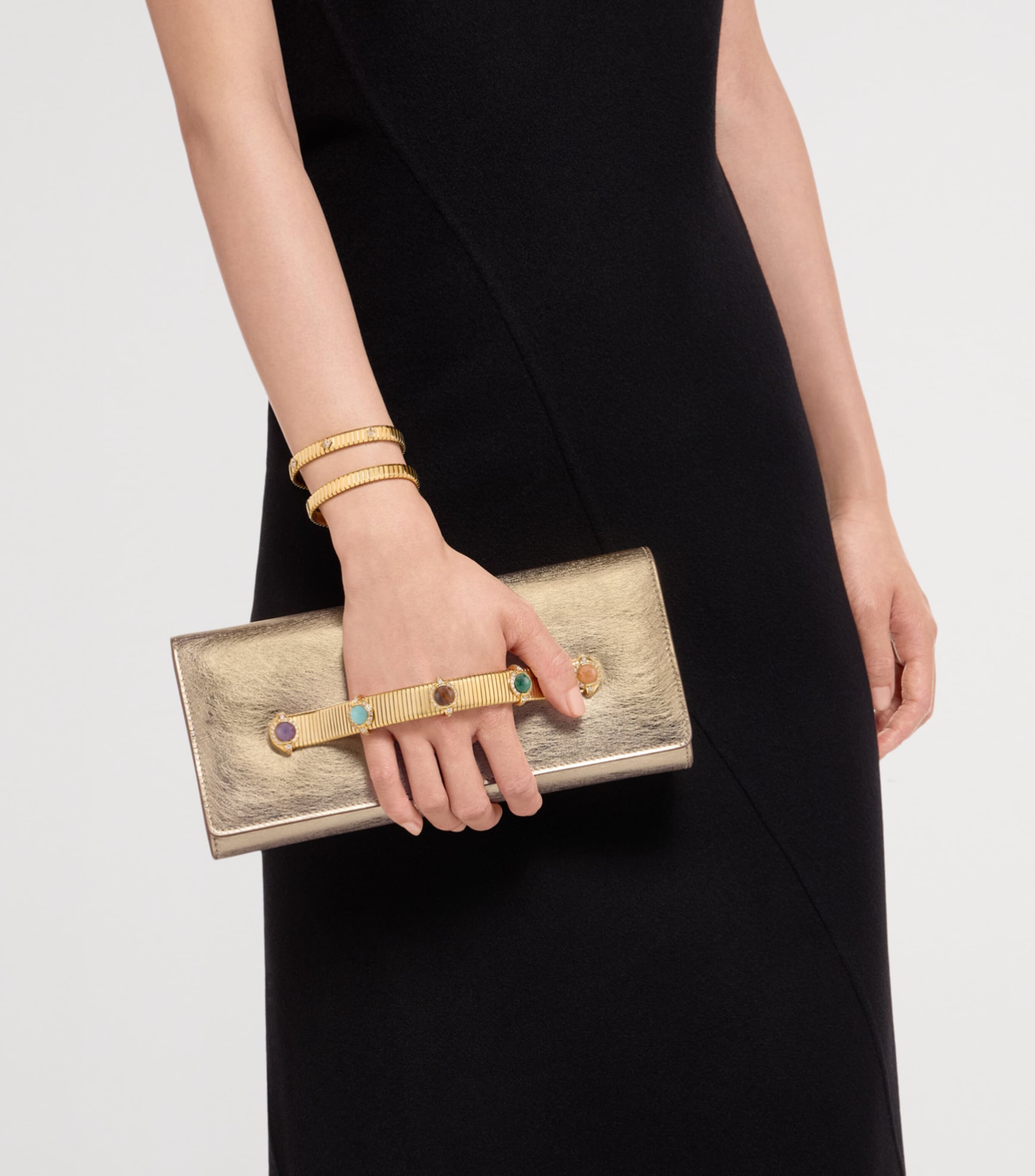Bvlgari Leather Tubogas Cabochon Evening Clutch Bag Gold Image 2