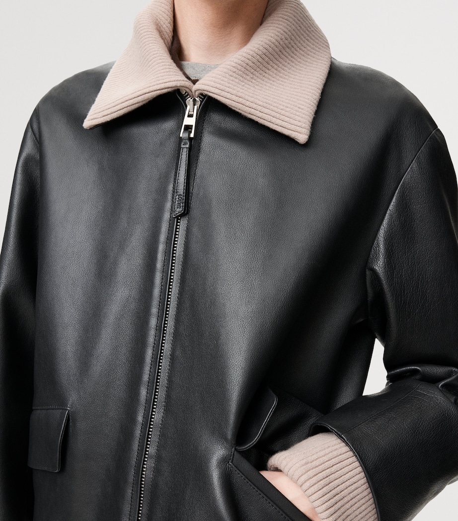 Rib-Trim Leather Jacket BLACK Image 5