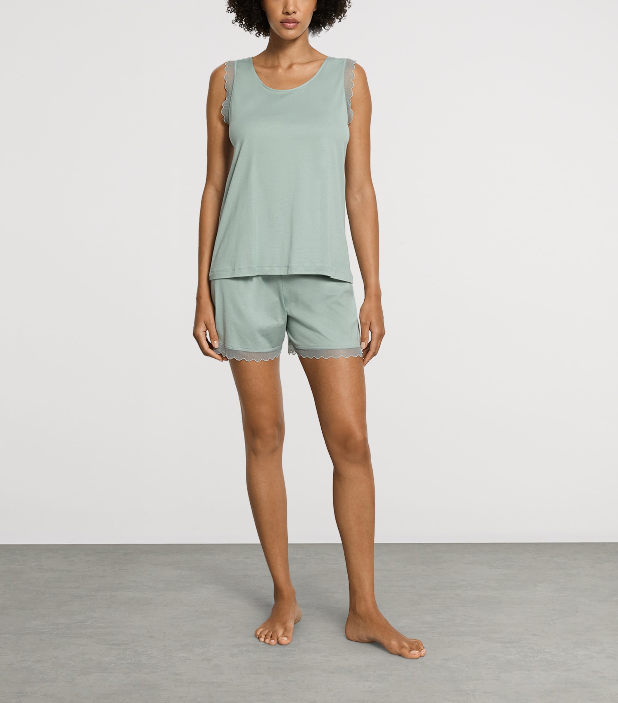 Hanro Womens Cotton Sleeveless Short Inaya Pyjama Set Dark Seafoam Image 4
