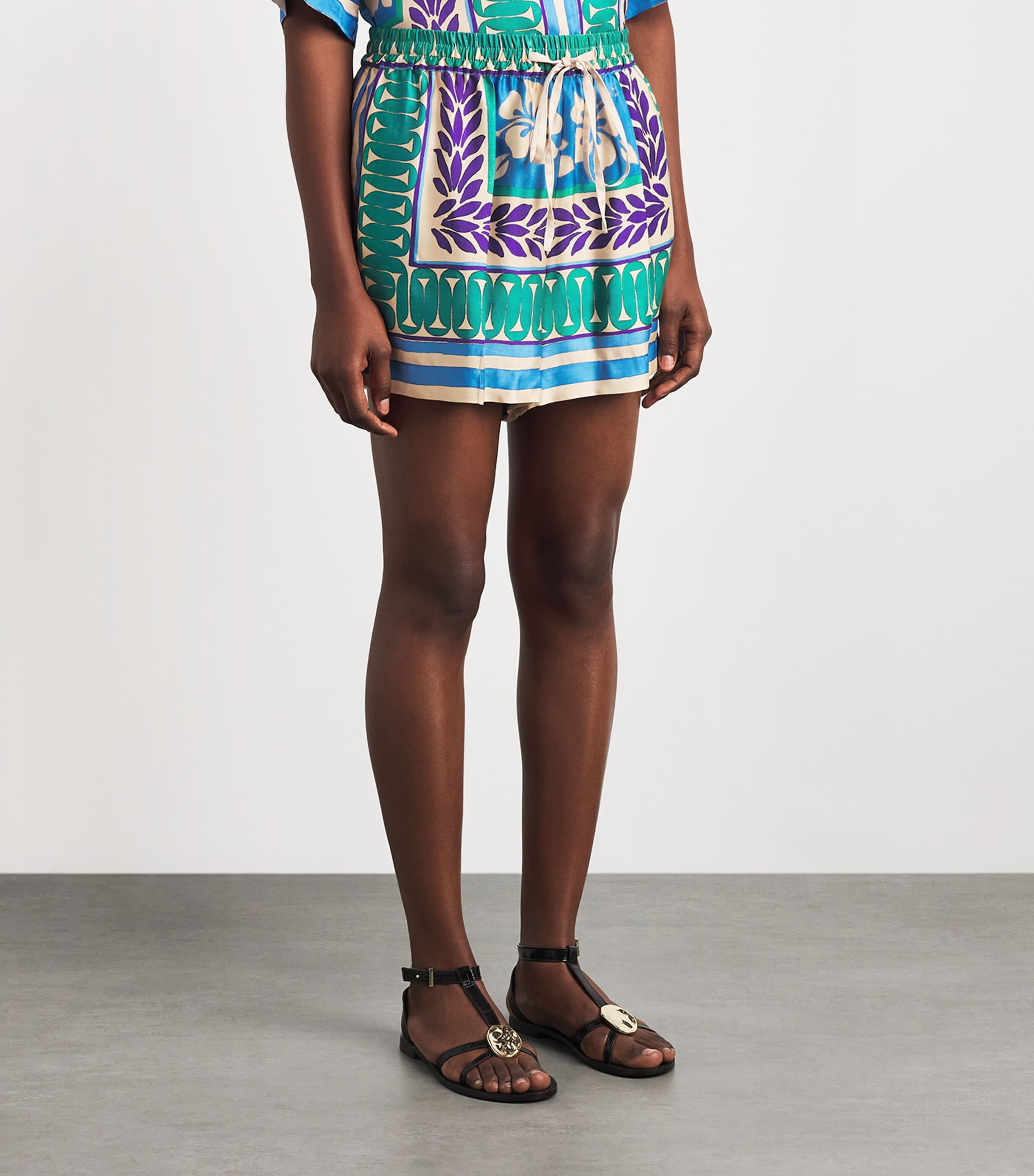 Sandro Paris Womens Floral Drawstring Shorts Green / Purple Image 4
