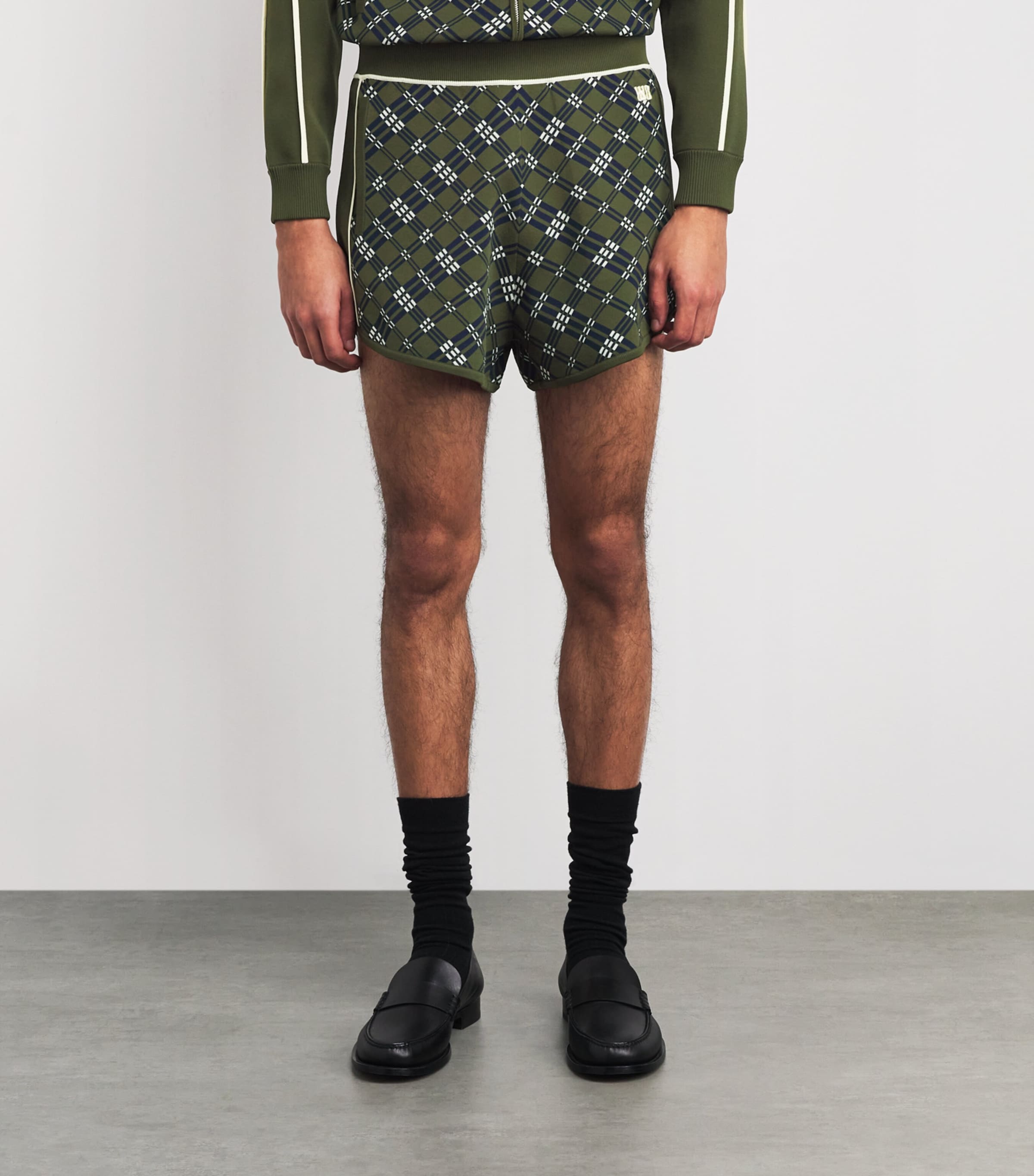 Wales Bonner Mens Power Check Shorts Khaki / Navy Image 3