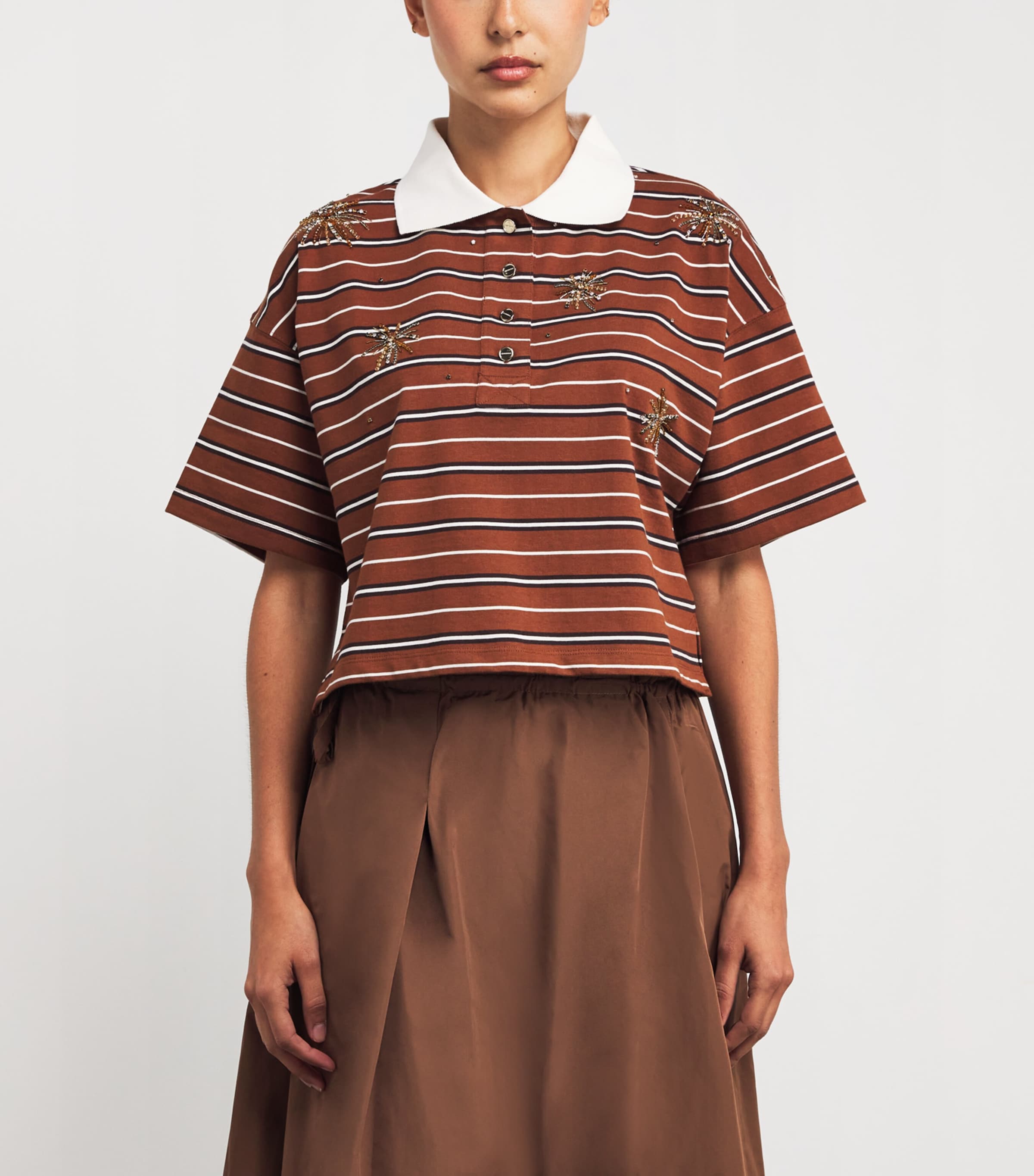 Cotton Stripe Embellished Polo Shirt BROWN Image 3