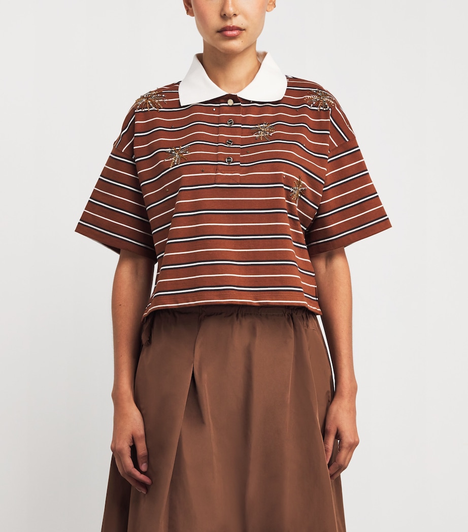 Cotton Stripe Embellished Polo Shirt BROWN Image 3