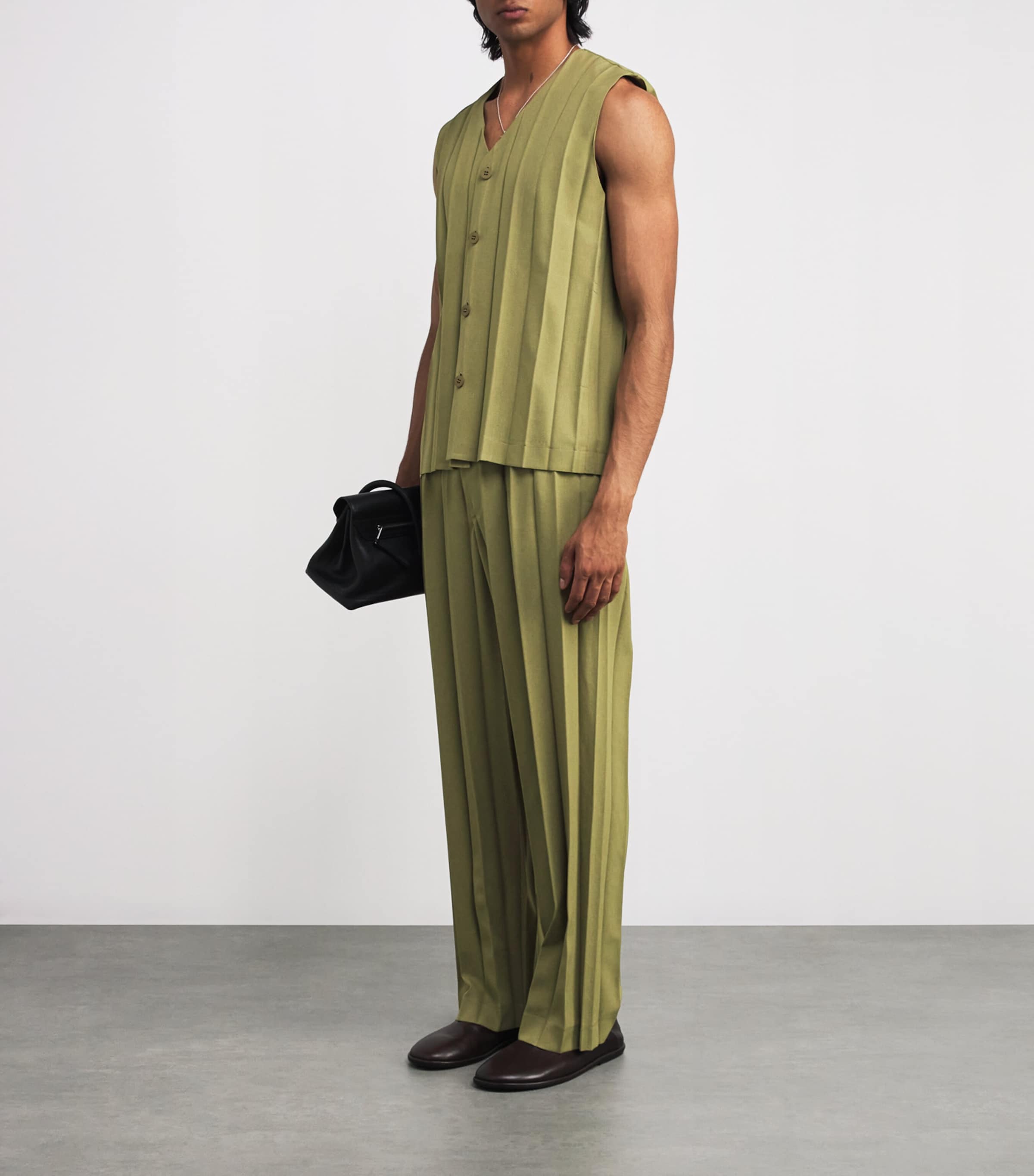 Homme Plissé Issey Miyake Mens Pleated Edge Ensemble Waistcoat Khaki Image 2