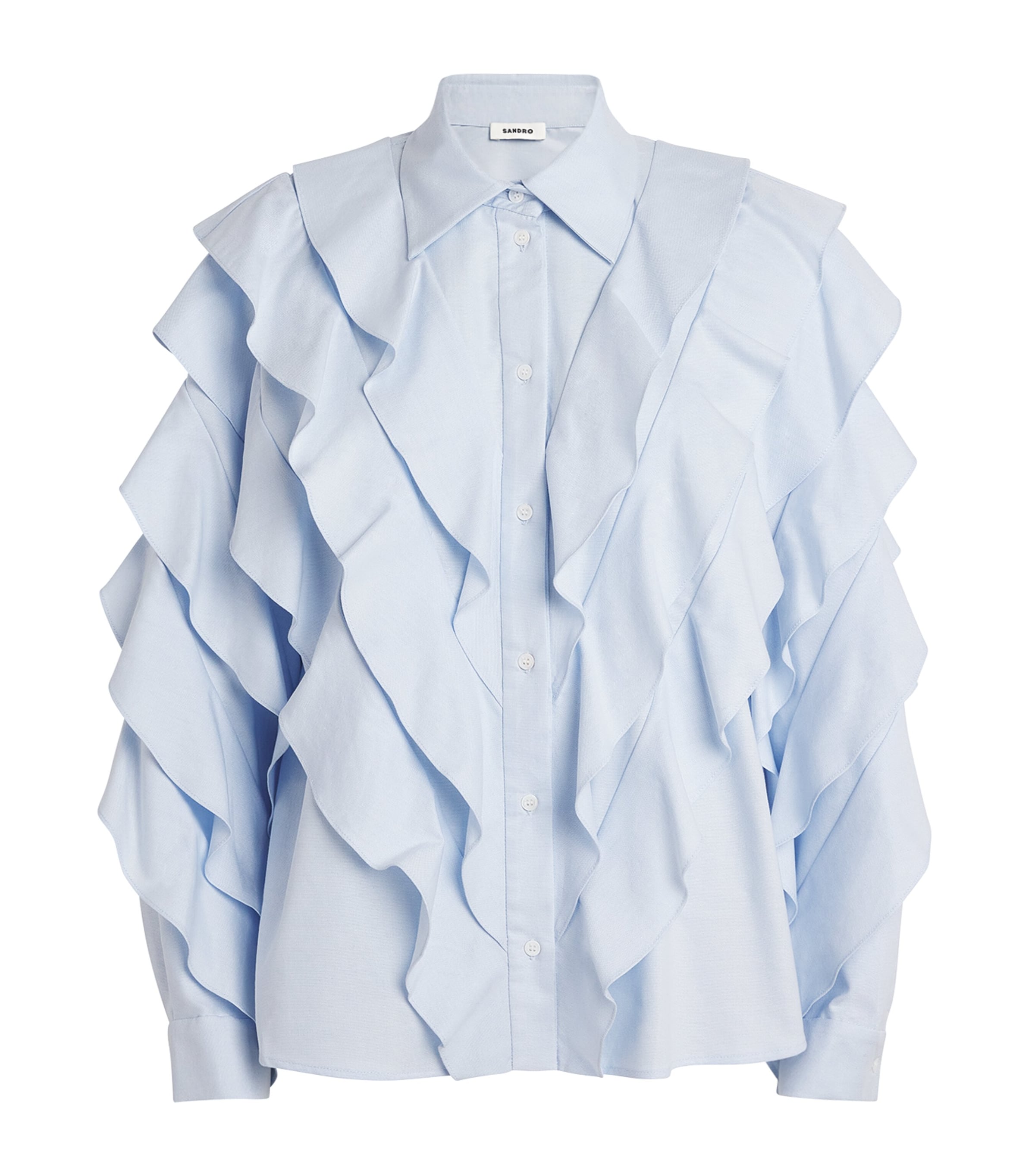Sandro Paris Womens Cotton Ruffled Shirt Sky Blue Image 1